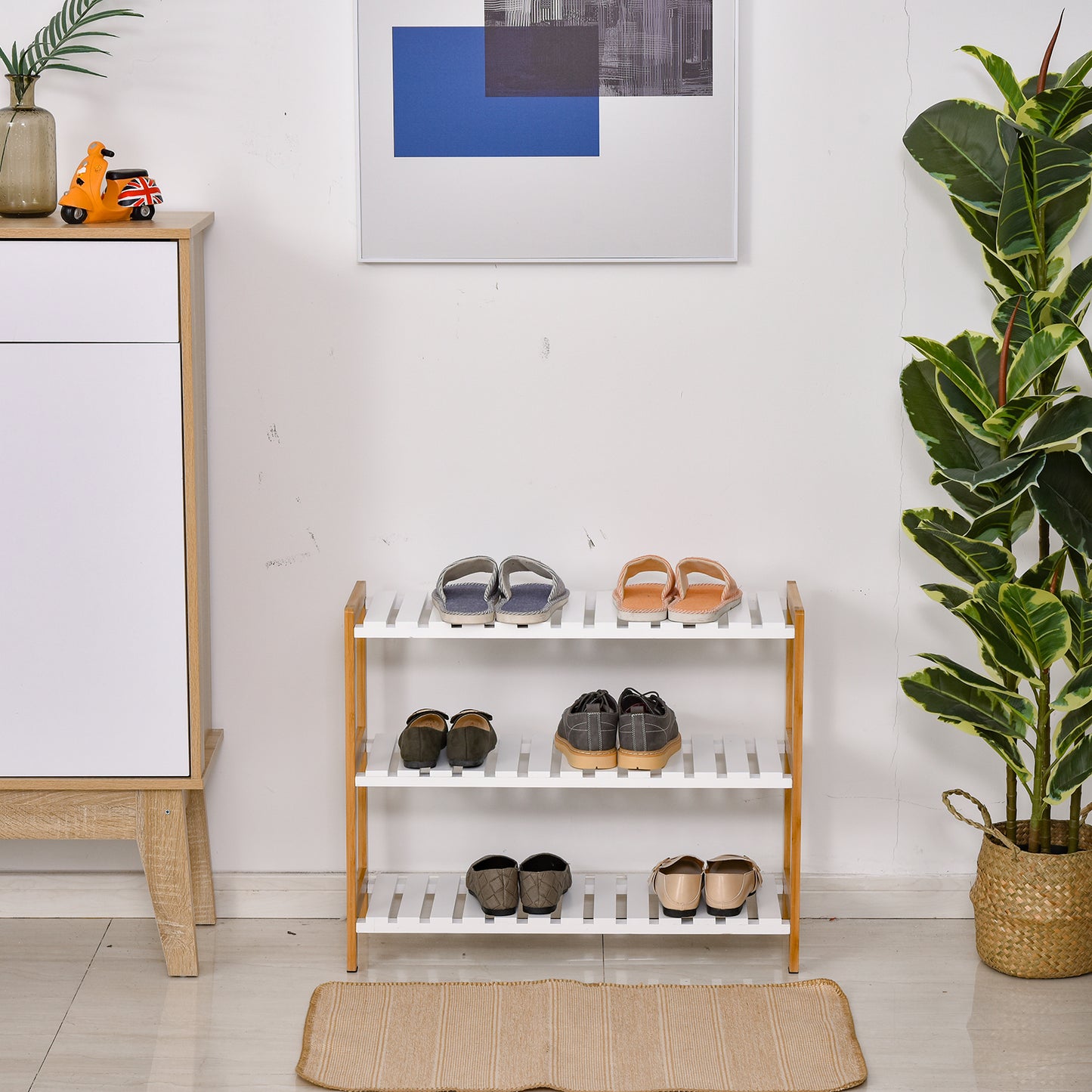 HOMCOM Stylish 3-Tier Wooden Shoe Rack with Slatted Shelves - Natural Finish for Home Organization - ALL4U RETAILER LTD