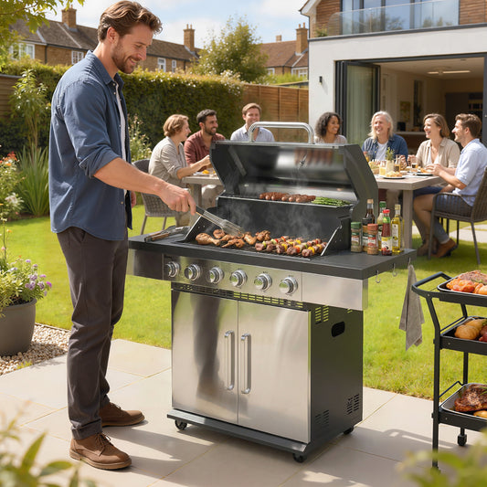 Outsunny 6 Burner Liquid Propane Gas Grill With Warming Rack Side Tables And Cabinet Outdoor Barbecue