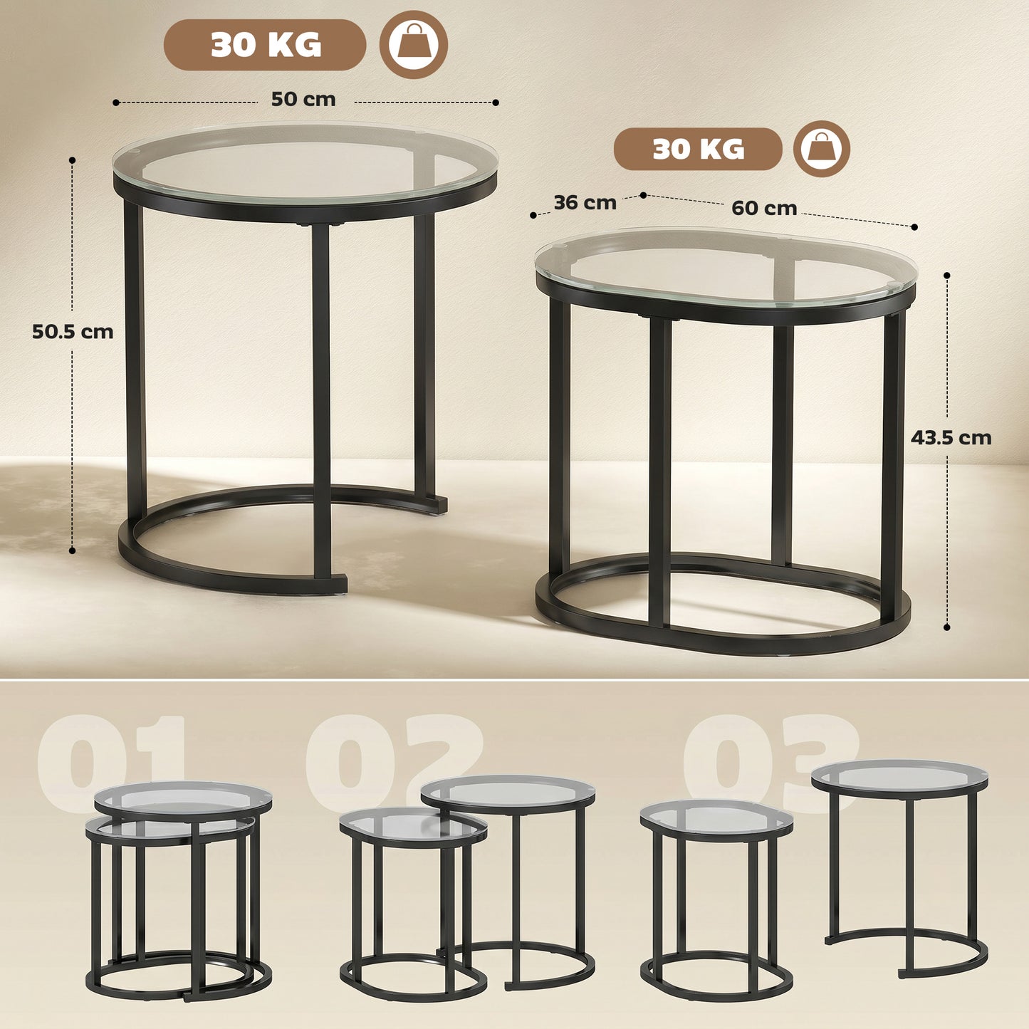 HOMCOM Nest of Tables Set of 2 with Steel Frame and Tempered Glass Tabletops Modern Black Coffee Tables
