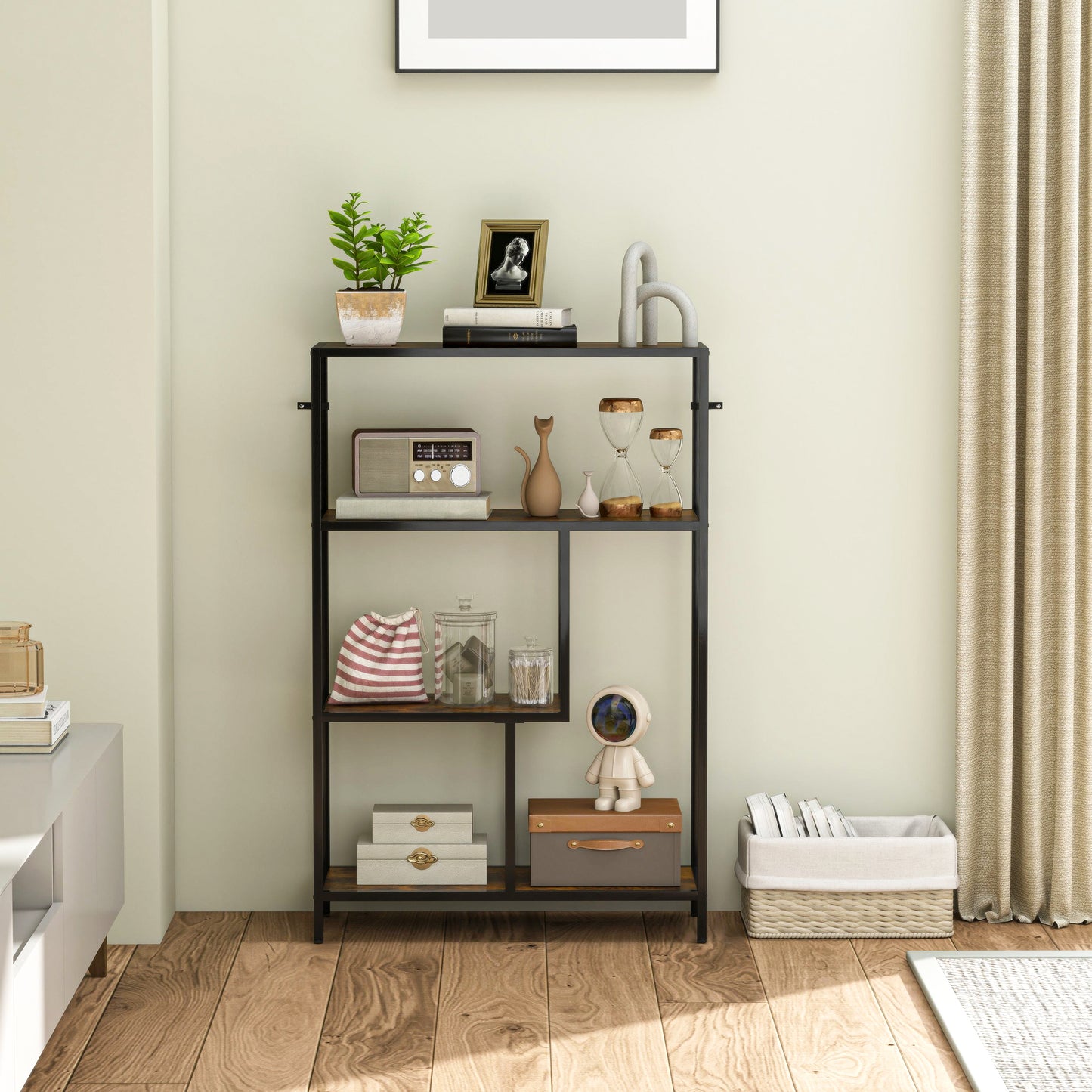 HOMCOM 4 Tier Bookshelf With Open Shelves Rustic Brown Wood Finish Black Frame Industrial Style Storage