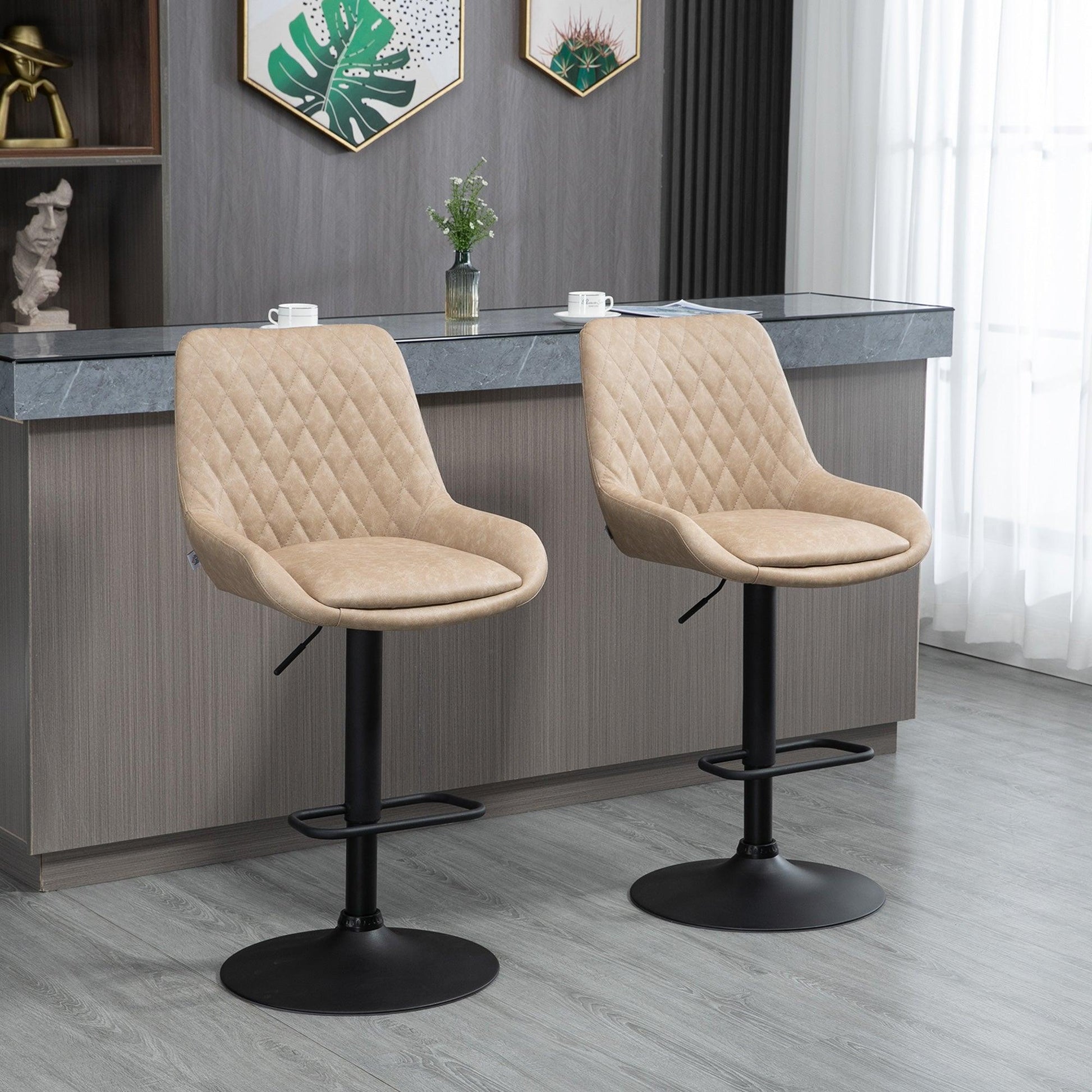 HOMCOM Retro Bar Stools Set of 2, Adjustable Kitchen Stool, Swivel Seat, Light Khaki - ALL4U RETAILER LTD