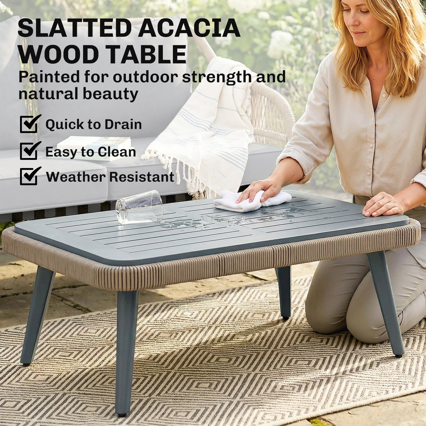 Outsunny 4 Piece Rattan Garden Furniture Set With Loveseat, Armchairs And Wood Table In Grey