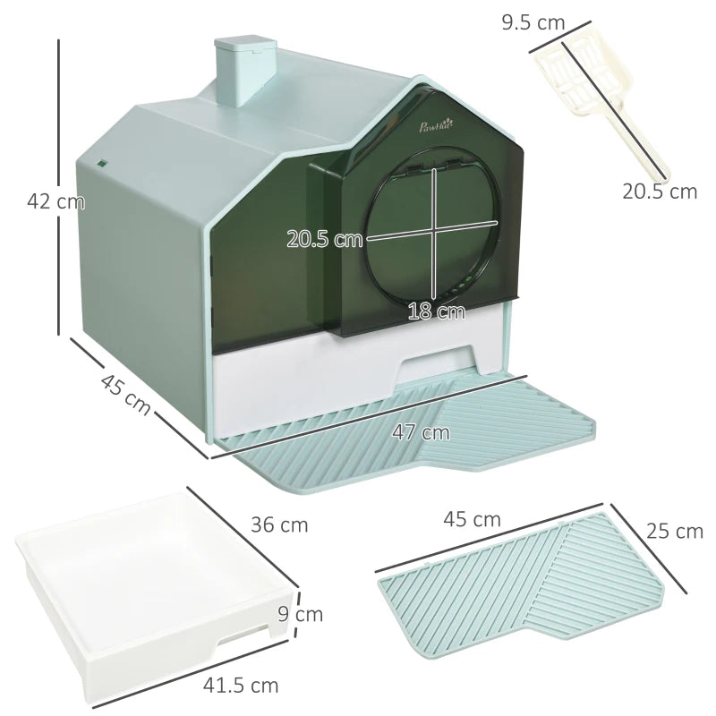 PawHut Hooded Cat Litter Tray with Scoop, Drawer Pan, Handle, Deodorants - Light Blue - ALL4U RETAILER LTD