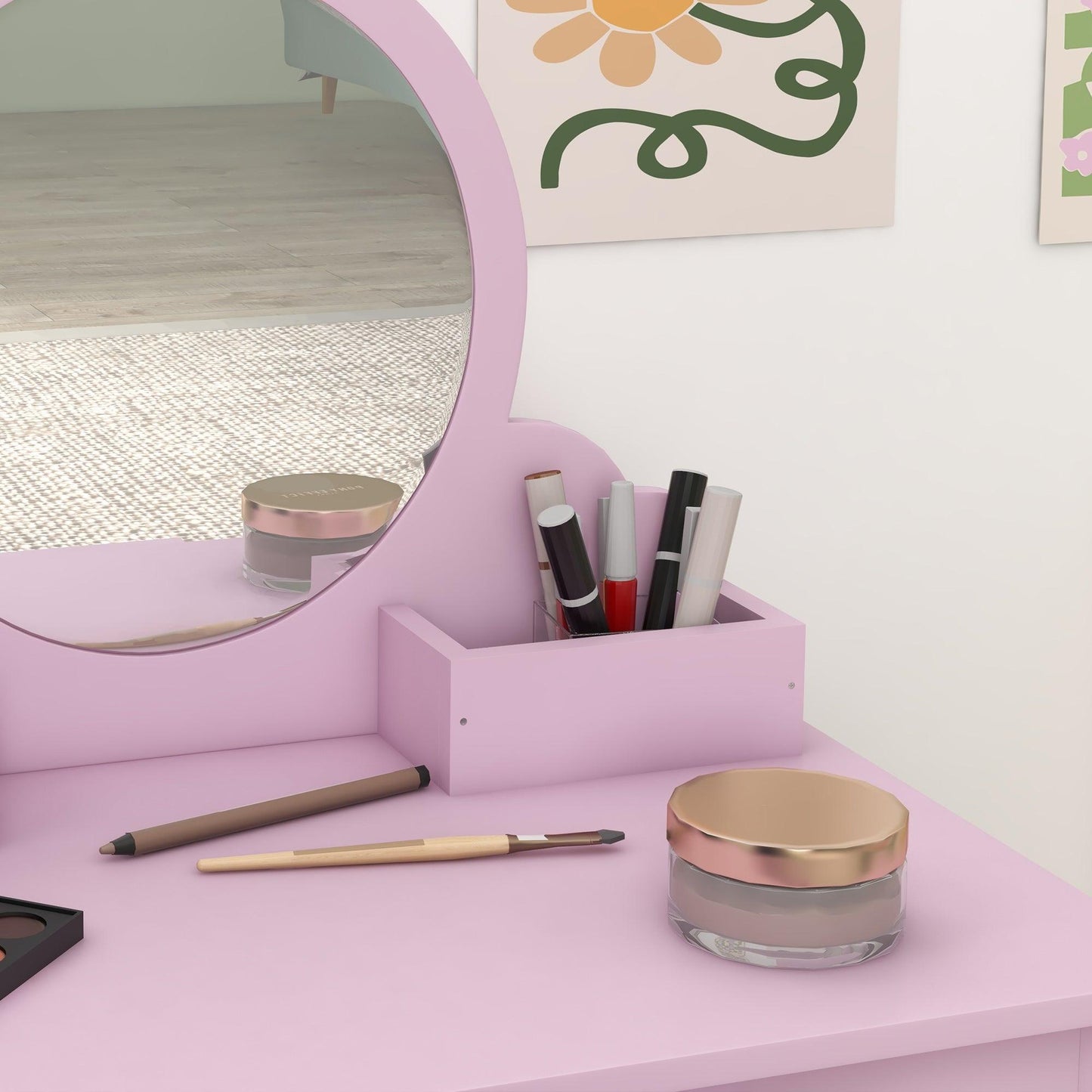 ZONEKIZ Kids Vanity Table with Mirror and Stool, Cat Design, Drawer, Storage Boxes, for 3-6 Years Old - Pink - ALL4U RETAILER LTD