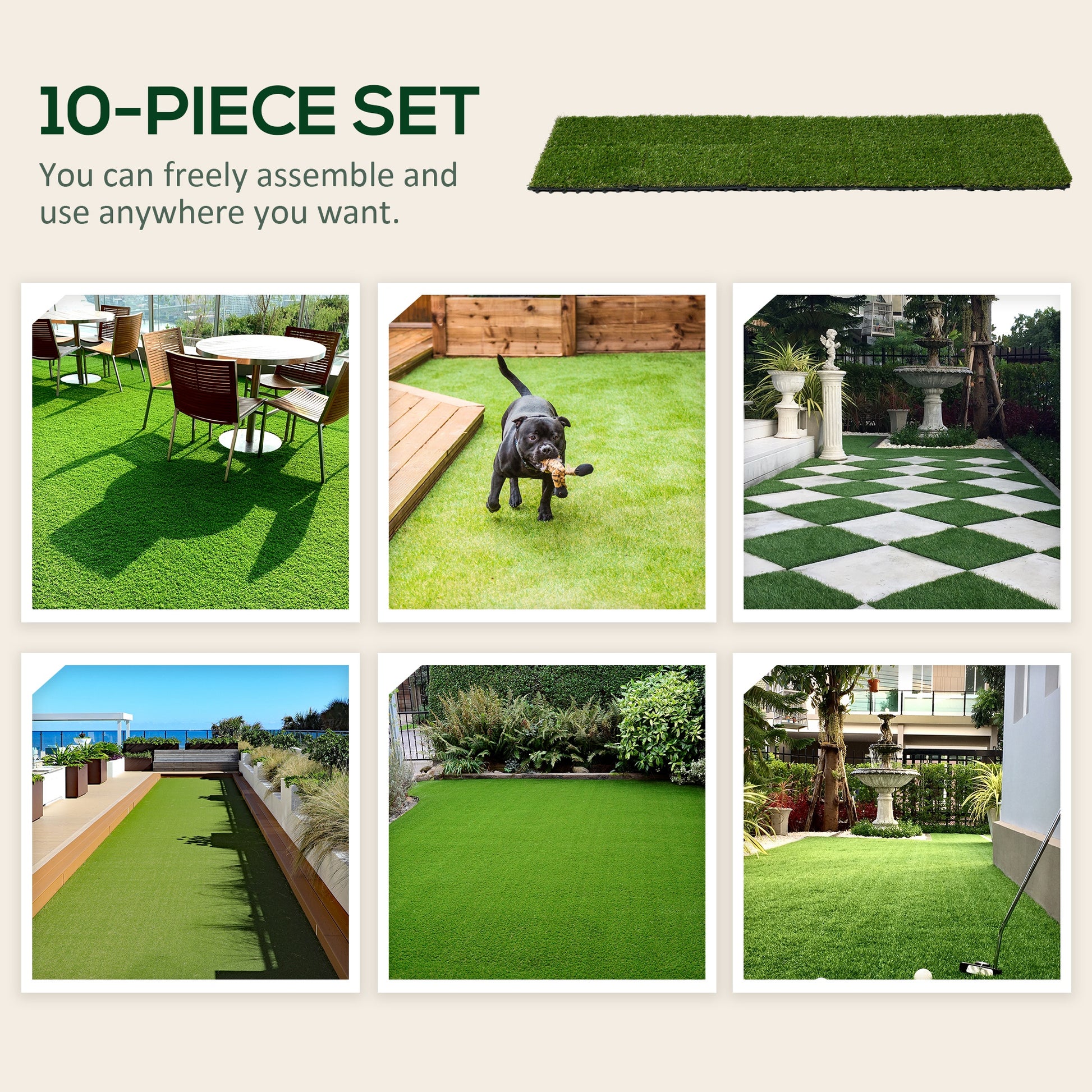 Outsunny 10-Piece Dark Green Artificial Grass Turf Mats - 25mm Pile Height, UV Resistant for Outdoor Use - ALL4U RETAILER LTD