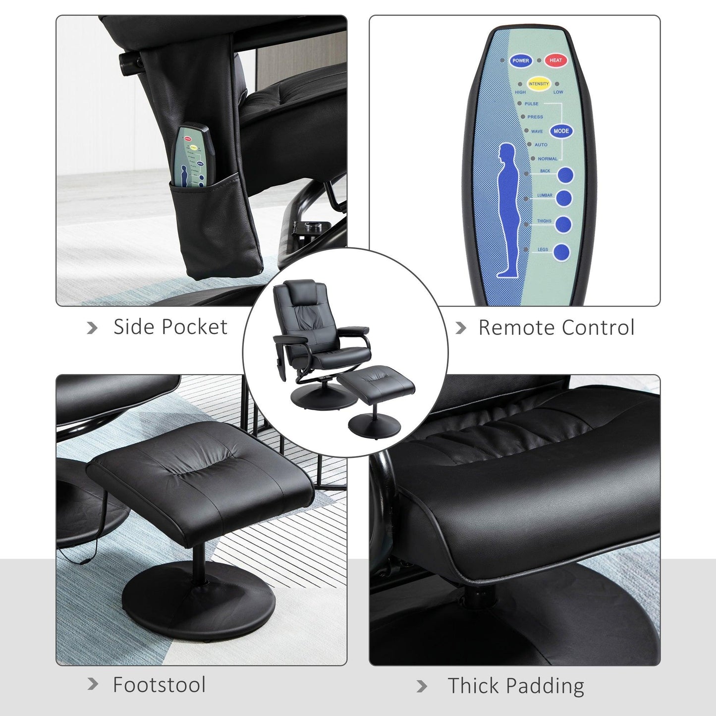 HOMCOM Massage Recliner Chair Cushioned Ottoman 10 Point Vibration Black - ALL4U RETAILER LTD