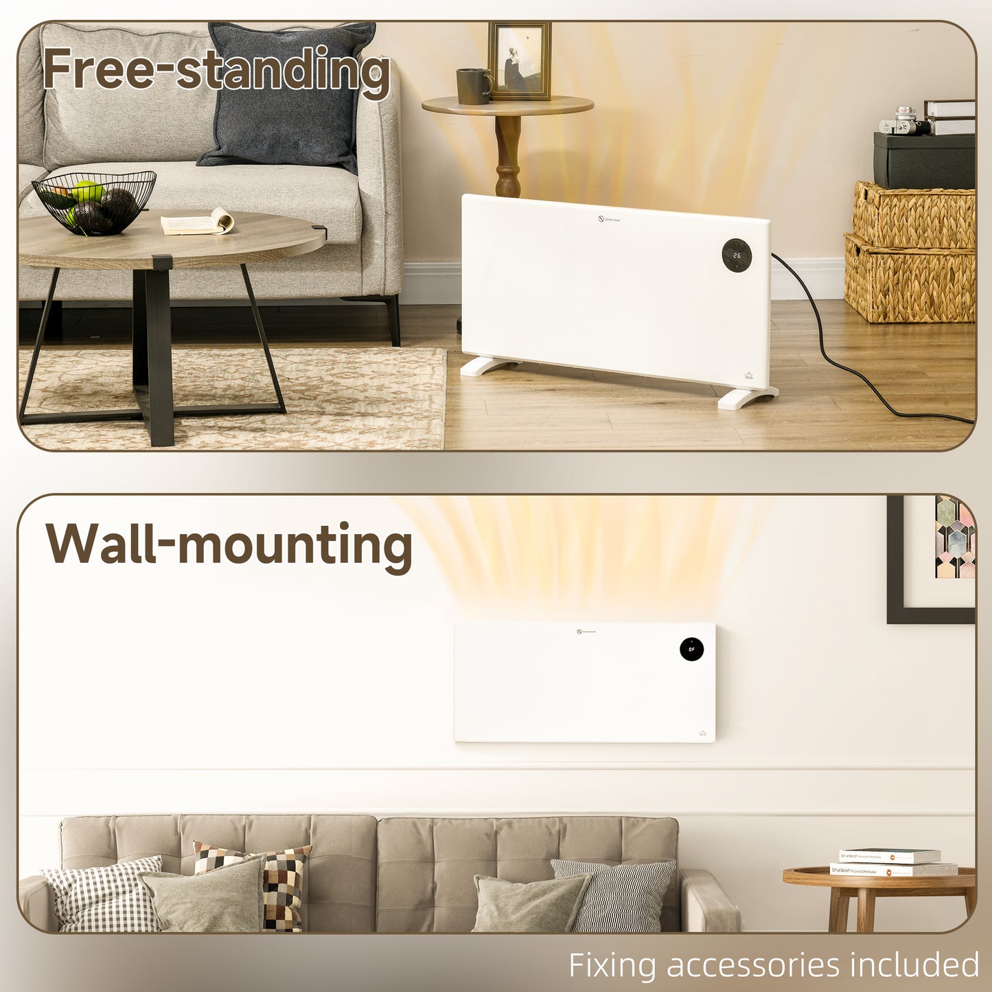 HOMCOM 2000W Electric Convector Heater Freestanding Or Wall Mounted With Adjustable Thermostat Timer White