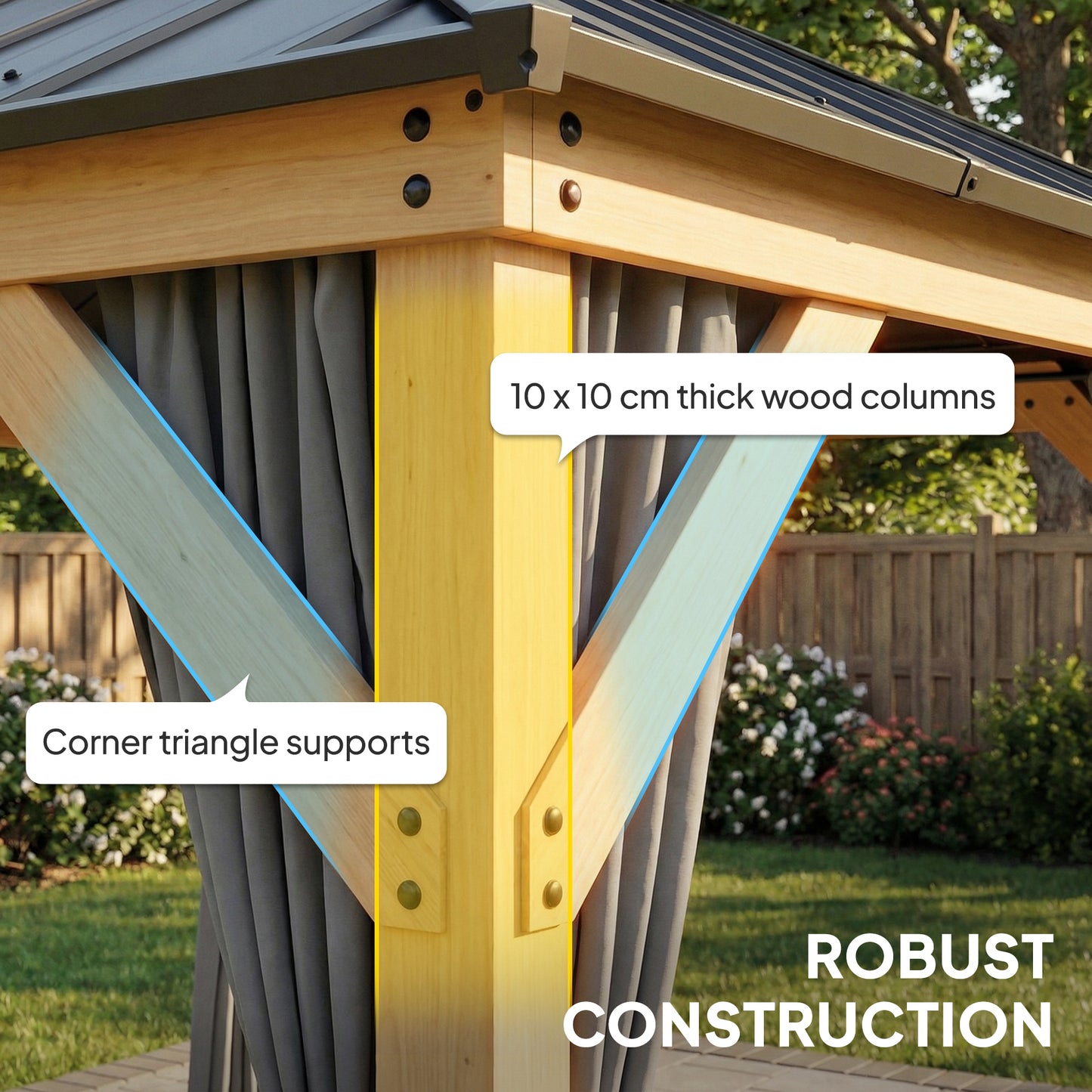 Outsunny 3m x 3m Hardtop Gazebo With Curtains Wood Garden Grey 2 Tier Steel Roof Rainproof Sun Protection UPF50