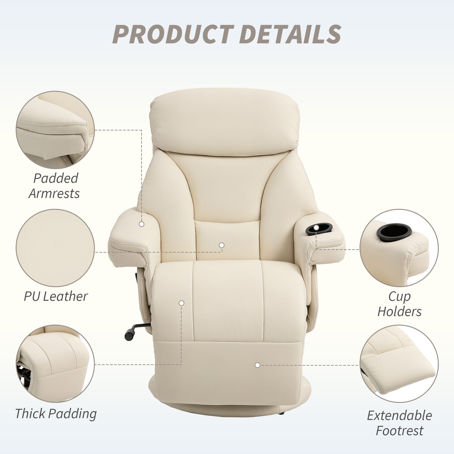 HOMCOM Manual Recliner Chair With Footrest Cup Holder PU Leather Swivel Armchair For Living Room Bedroom Cream White