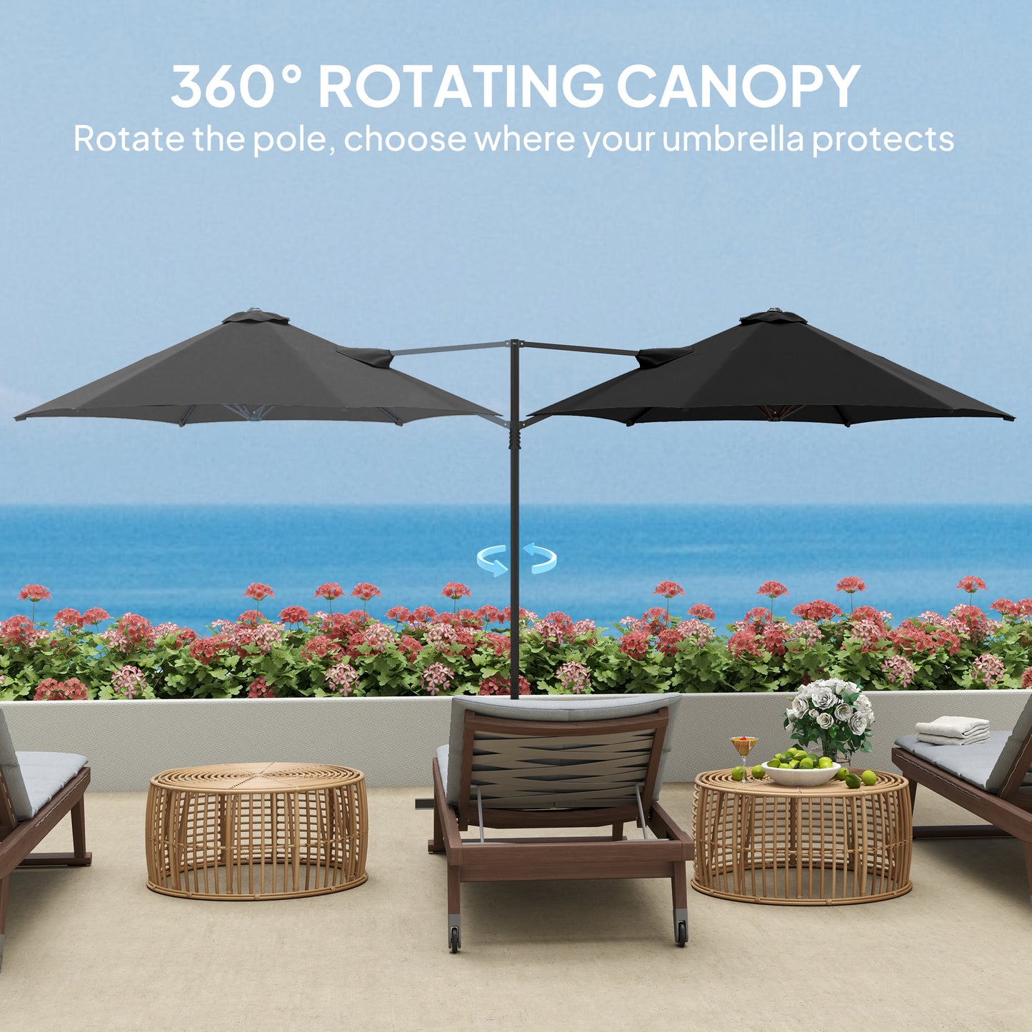 Outsunny 2.5m Rotating Cantilever Parasol With Base Black 256cm Canopy For Patio