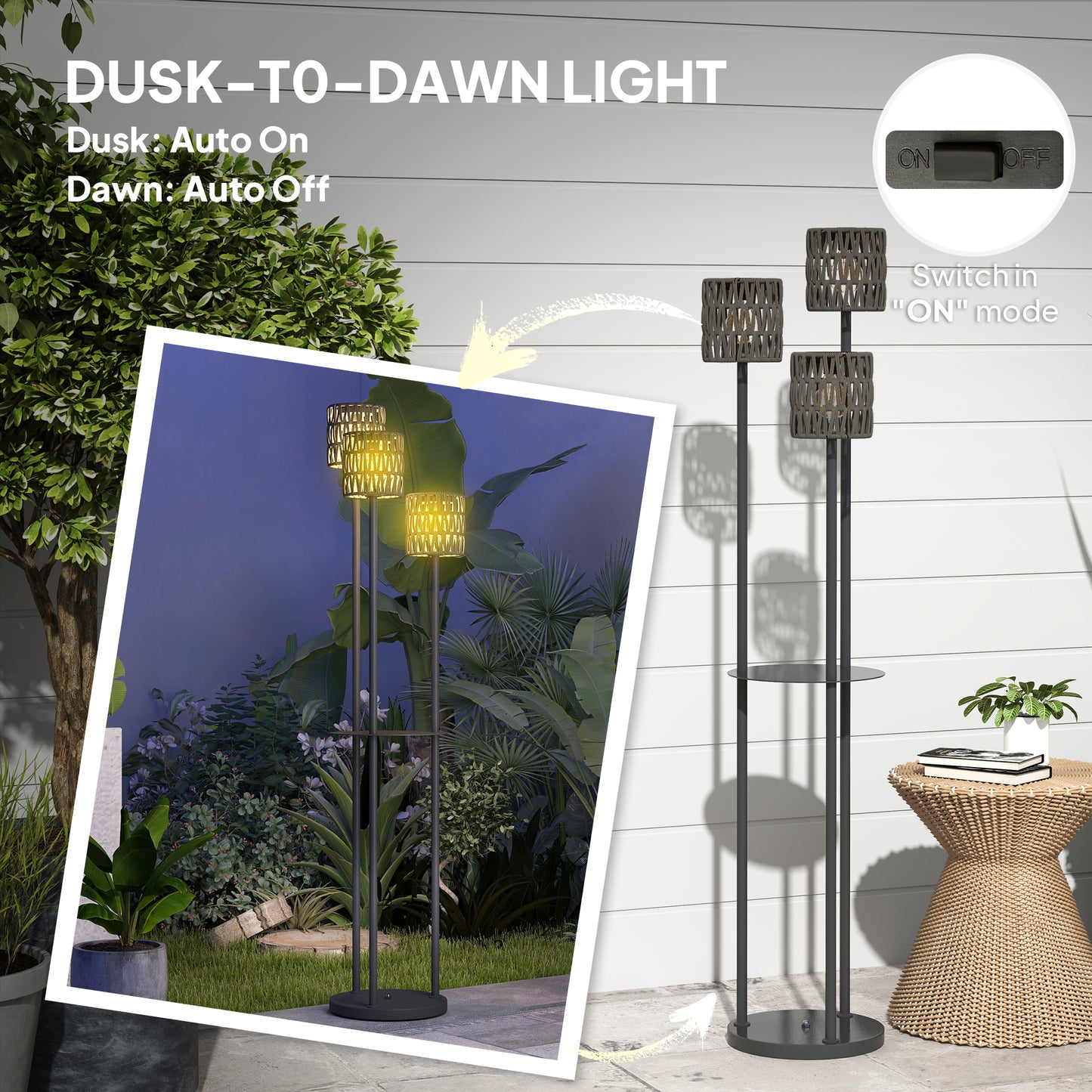 Outsunny Boho Rattan Floor Lamp With Shelf Freestanding Solar Garden Light Auto On Off Grey