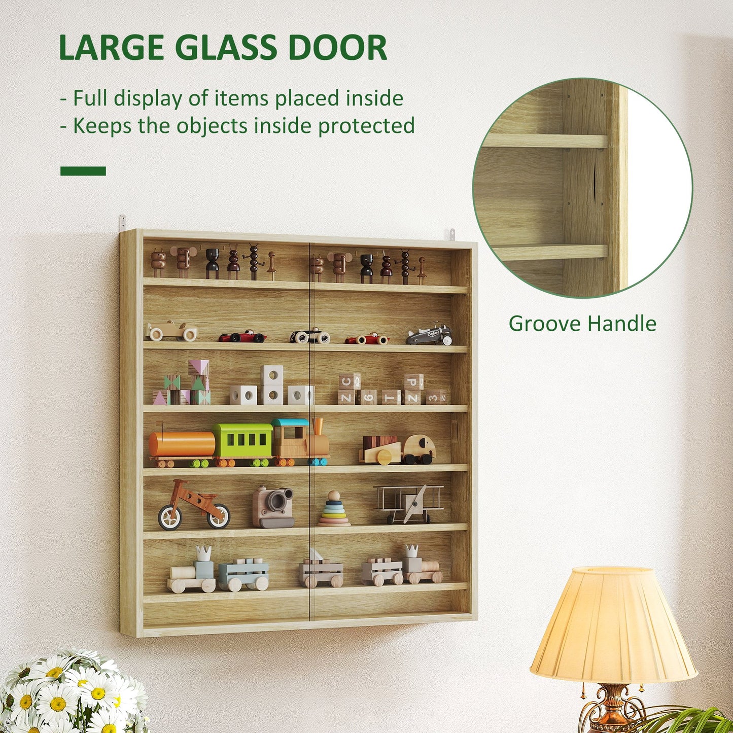 HOMCOM Six Shelf Display Cabinet With Glass Doors Oak Finish For Living Room