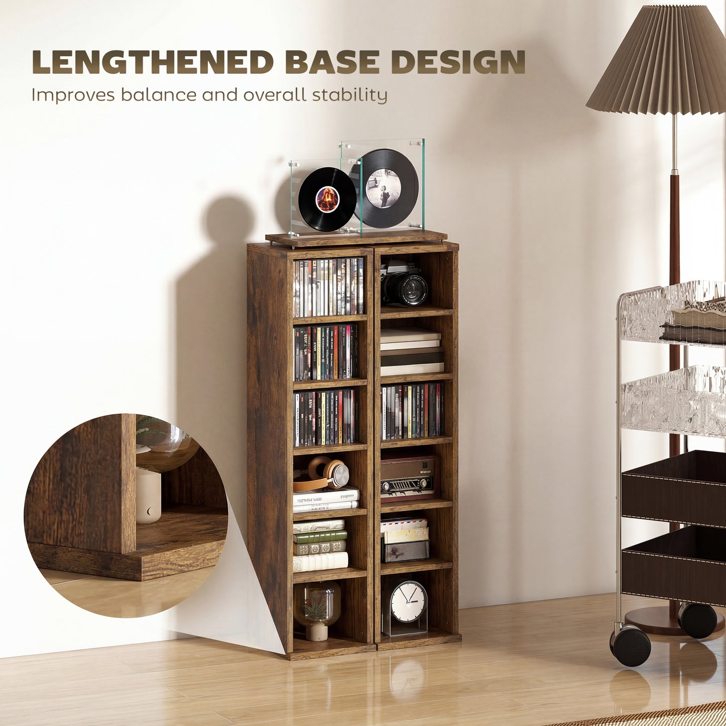 HOMCOM Set Of 2 CD Media Display Shelves Tower Rack With Adjustable Shelves Rustic Brown