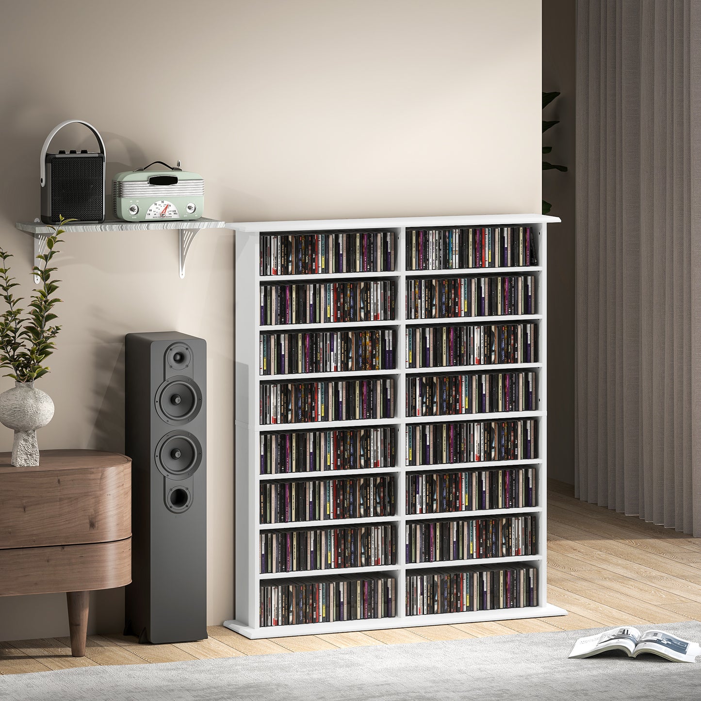 HOMCOM 16 Compartment White Media Shelf With 12 Adjustable Shelves For CDs DVDs Blu Rays Wall Straps Included