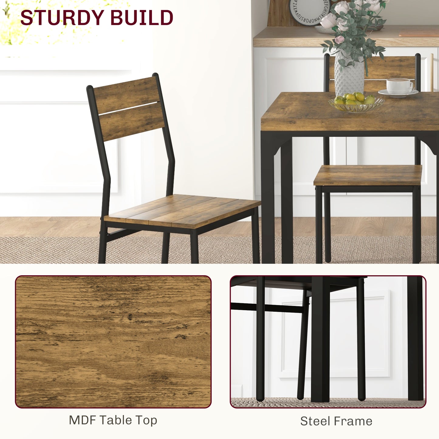 HOMCOM Three Piece Minimal And Compact Dining Set Rustic Brown For Kitchen Dining Rooms