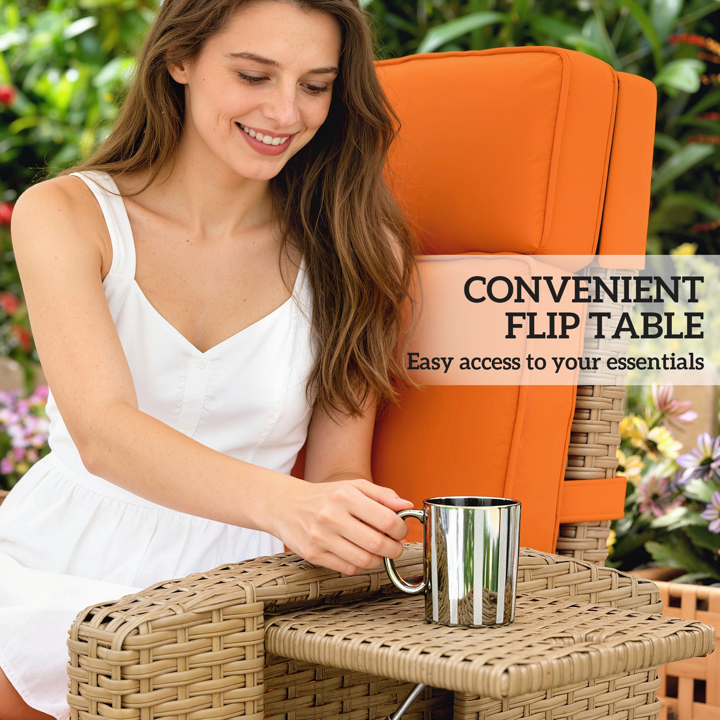 Outsunny 145 Degree Reclining Rattan Armchair With Manual Footrest Khaki Orange Outdoor Patio Lounge