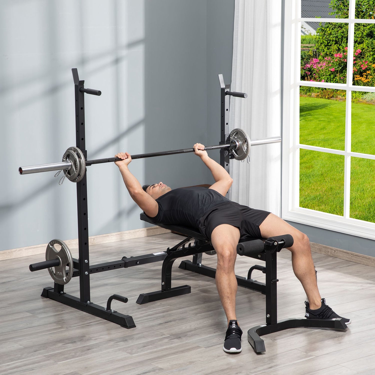 HOMCOM Heavy-Duty Adjustable Barbell Squat Rack and Weight Lifting Bench Station for Home Gym, Black - ALL4U RETAILER LTD