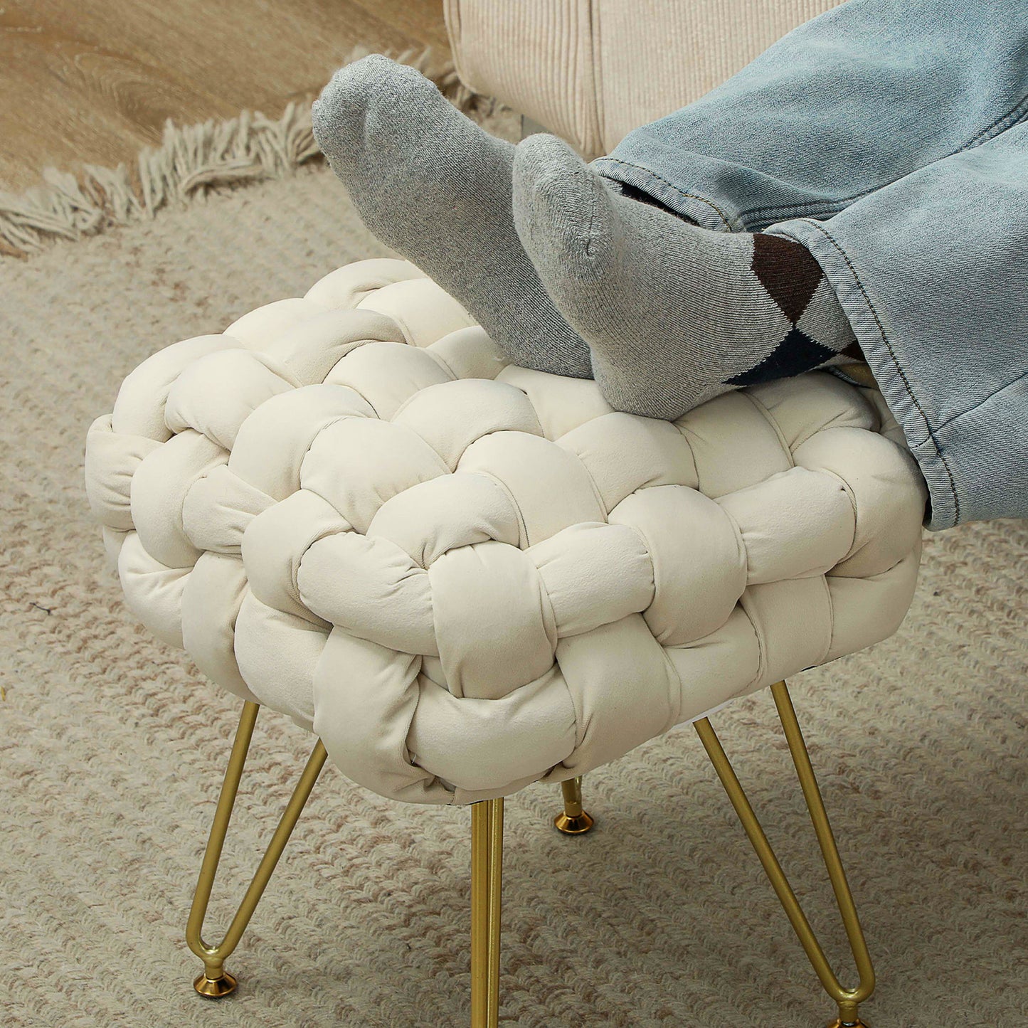 Homcom Velvet Feel Bold Cross Woven Footstool Cream White Living Room Friendly Padded Comfort