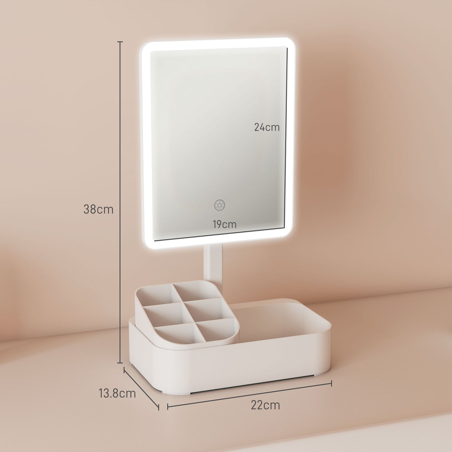HOMCOM Rechargeable Makeup Mirror With Lights And Touch Screen, 2 Lighting Modes, 180 Degree Rotation, White