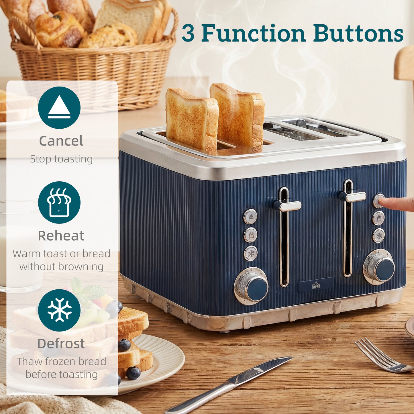 HOMCOM Stainless Steel Electric Kettle And Four Slot Toaster Set 3000W 1.7L UK Strix Thermostat Dark Blue