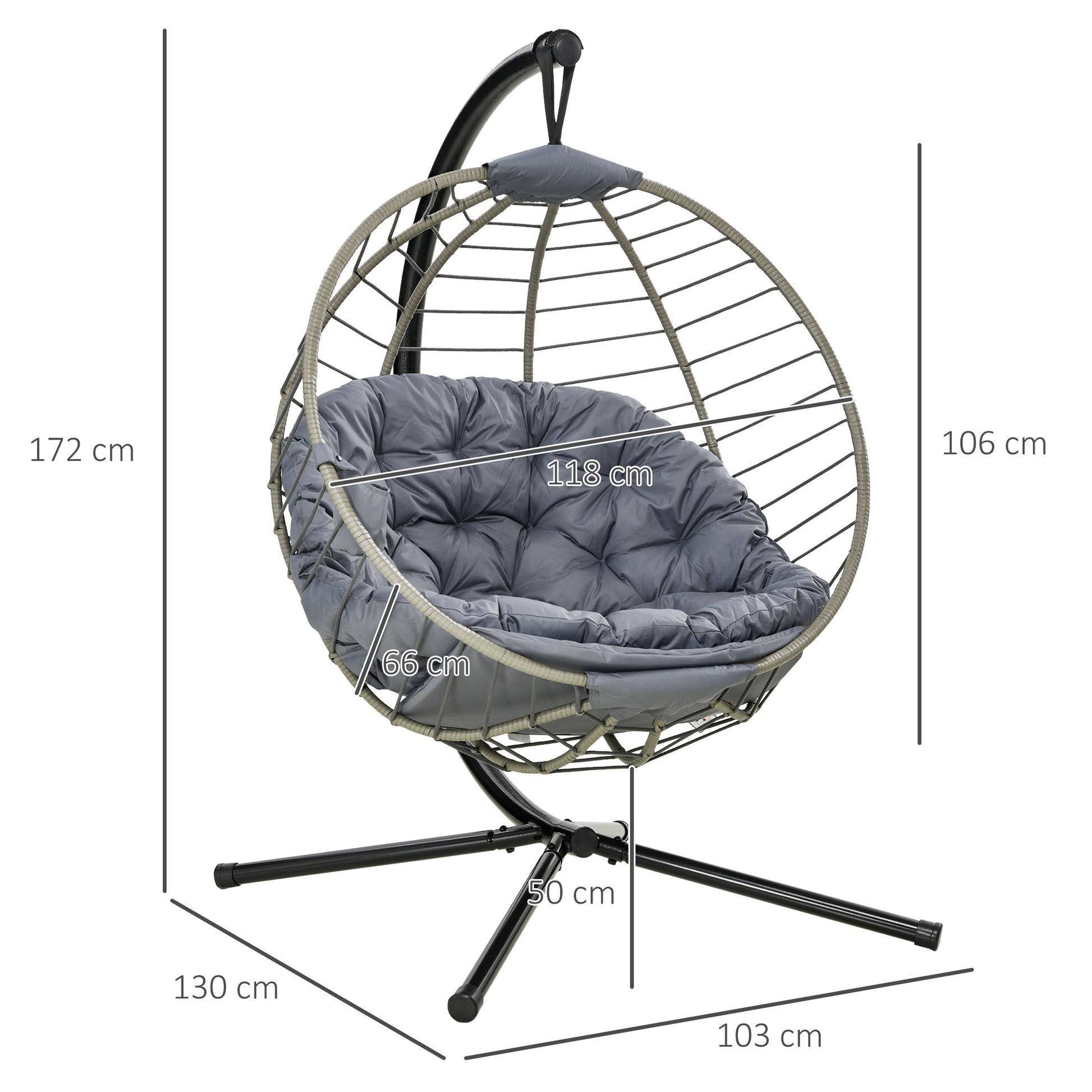 Outsunny Greystone Rattan Hanging Egg Chair with Stand and Cushion - Foldable Design with Cup Holder - ALL4U RETAILER LTD