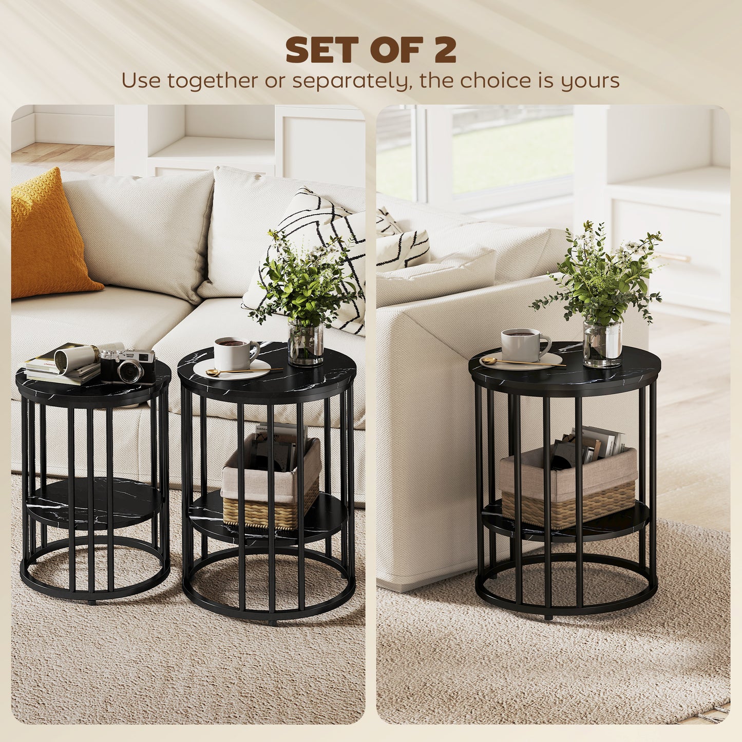 HOMCOM Marble Effect Coffee Tables Set of Two with Black Steel Frame and Two Tier Design