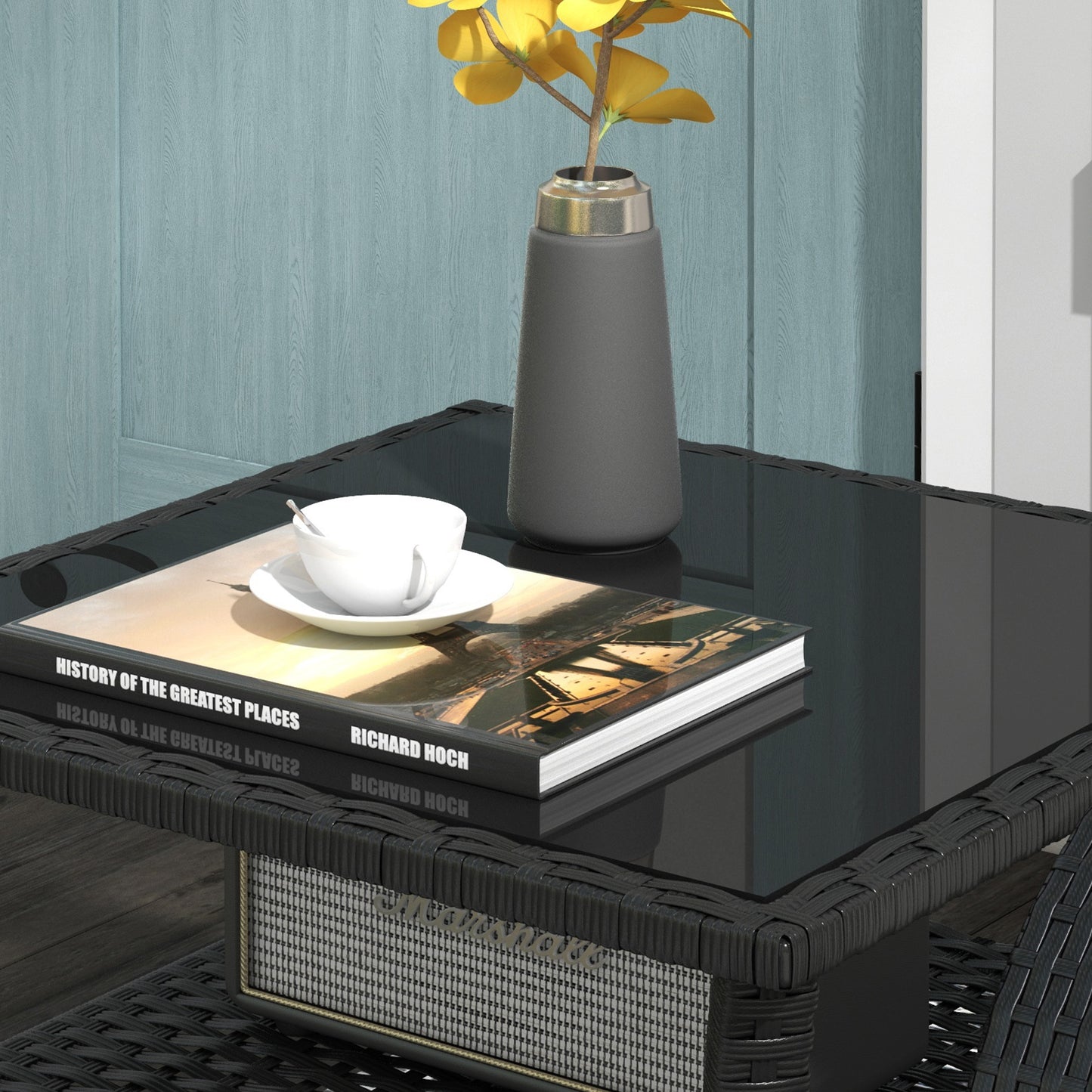 Outsunny Two Tier PE Rattan Square Coffee Table With Glass Top For Outdoor Garden Black