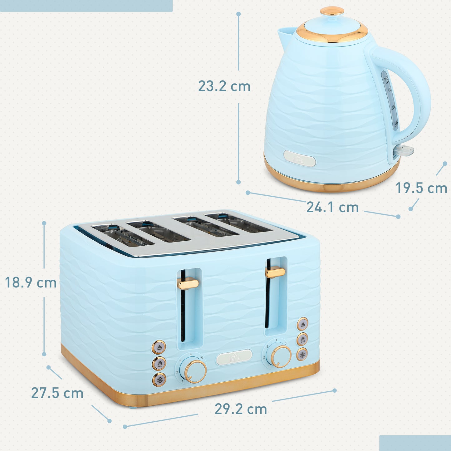 HOMCOM 3000W Kettle and 4 Slice Toaster Set with 7 Browning Levels Crumb Tray Light Blue