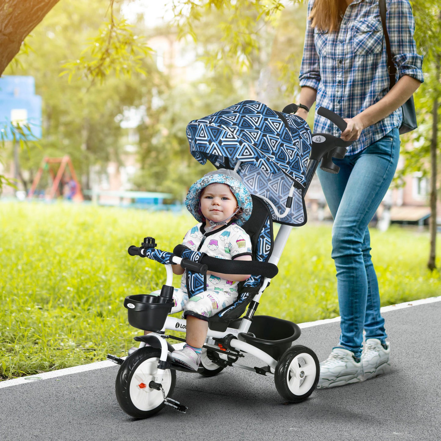 HOMCOM 4-in-1 Convertible Baby Tricycle with Parental Control Handle for Ages 1-5, Light Blue - ALL4U RETAILER LTD