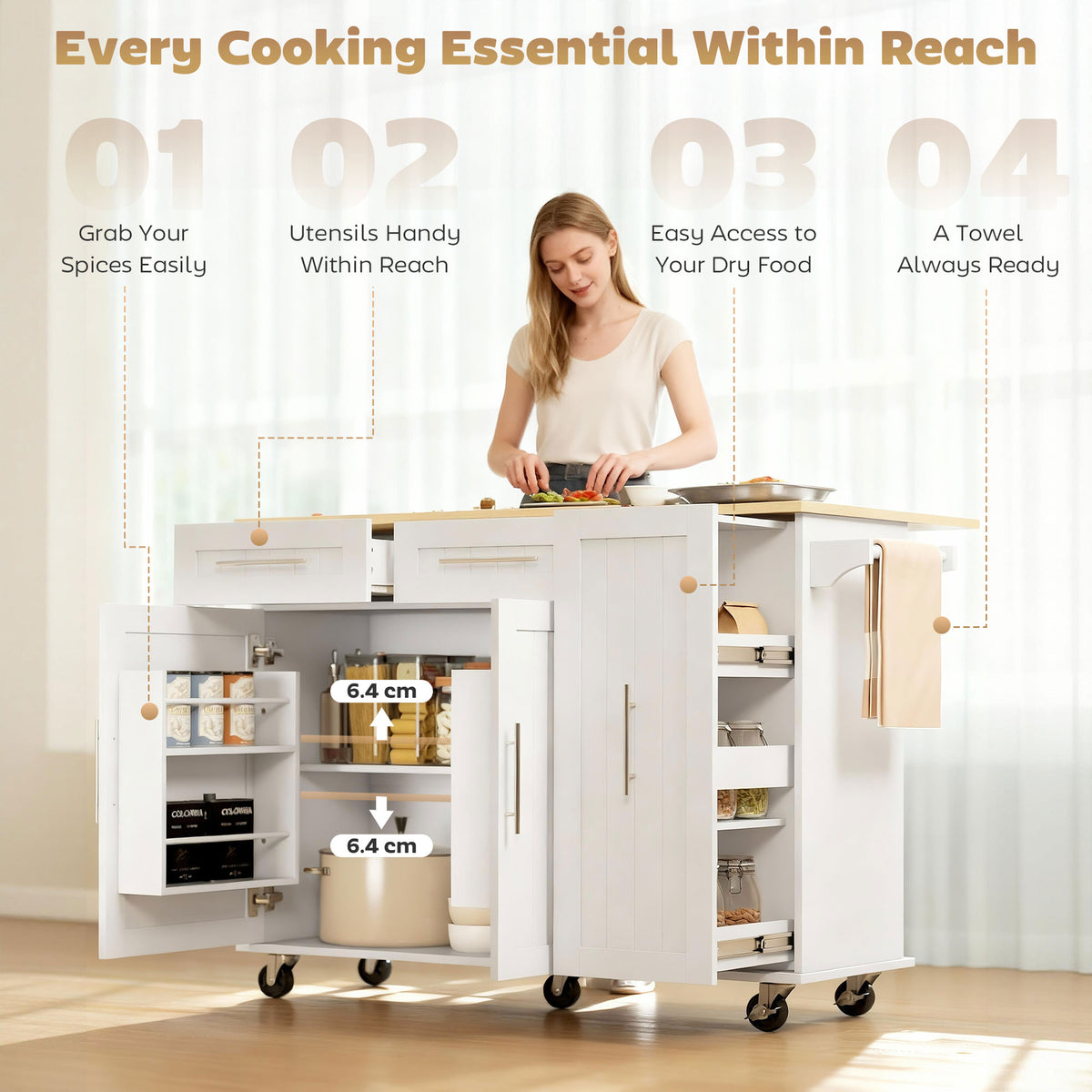 White rolling kitchen island cart with open interior storage and side towel bar