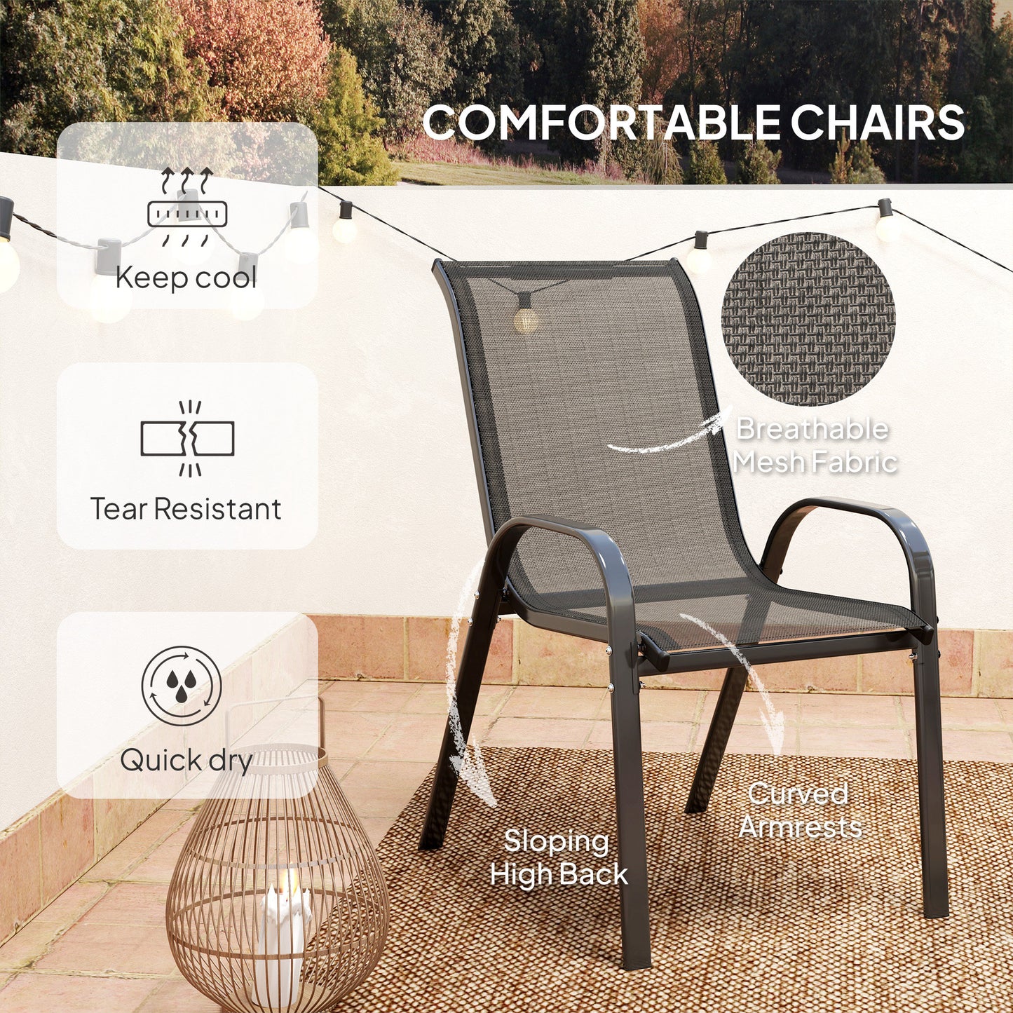 Outsunny Outdoor Garden Set With Round Table And Stackable Chairs In Black Powder Coated Steel
