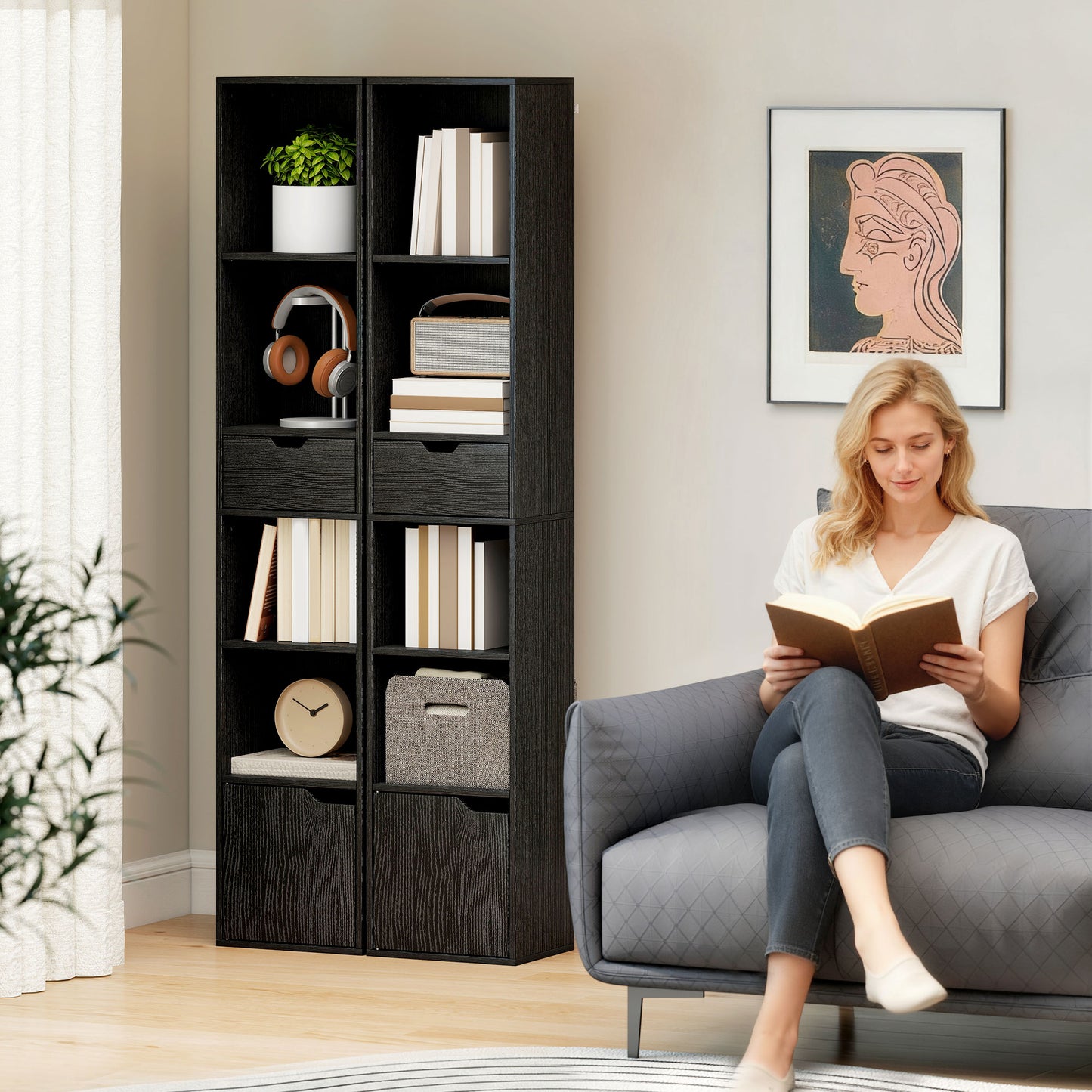 HOMCOM 6-Tier Tall Narrow Bookcase With Drawer And Door Black Finish Perfect For Small Living Rooms