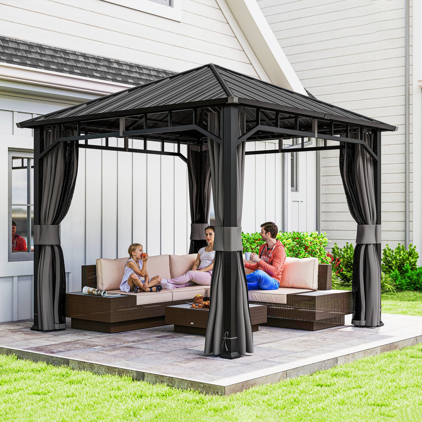 Outsunny 3x3m Hardtop Gazebo with Galvanised Steel Roof Waterproof Pavilion with Netting and Curtains for Patio Deck