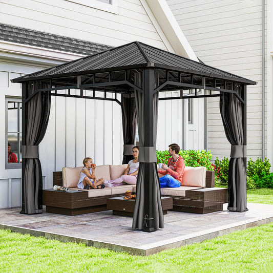 Outsunny 3x3m Hardtop Gazebo with Galvanised Steel Roof Waterproof Pavilion with Netting and Curtains for Patio Deck