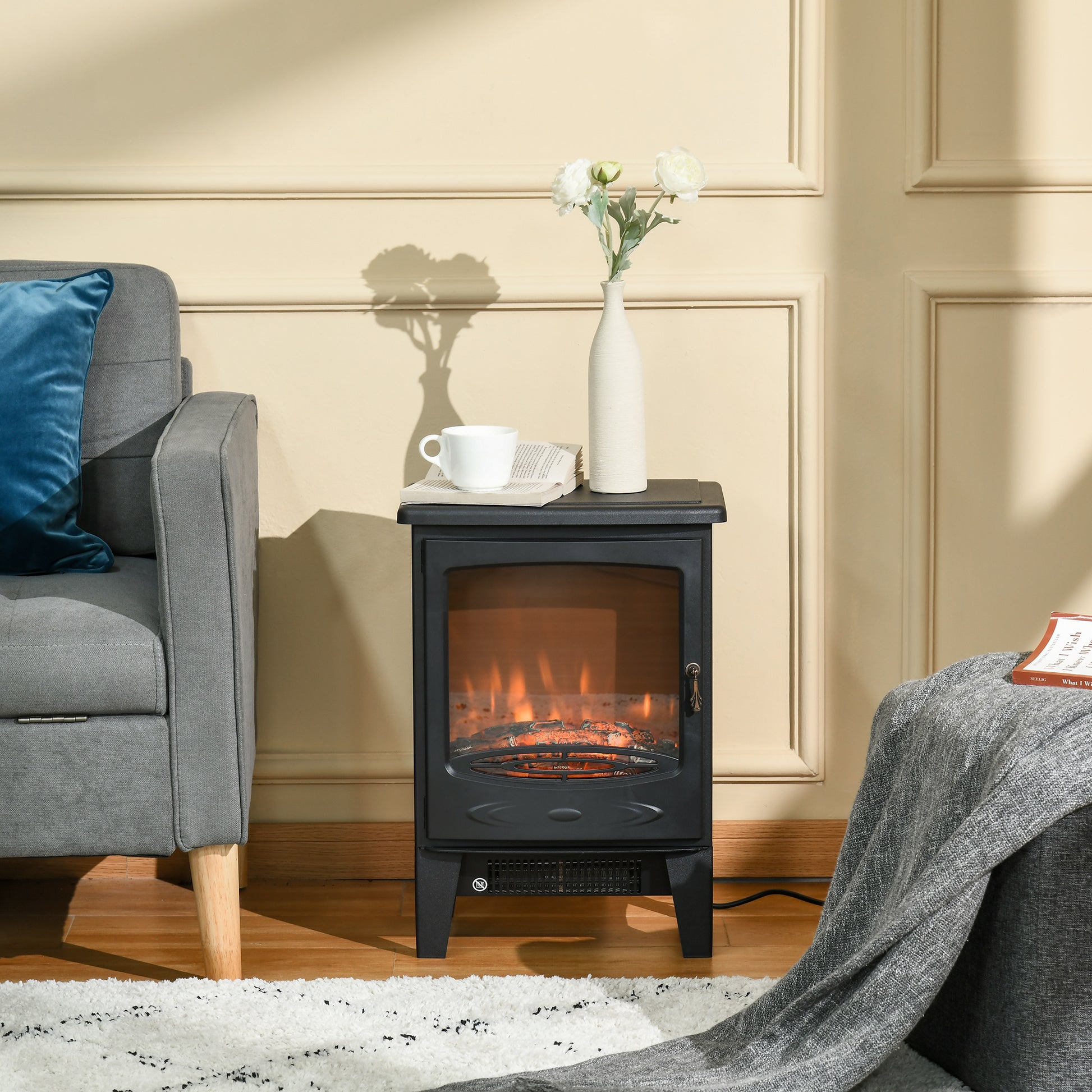 HOMCOM Stylish Freestanding Electric Fireplace with Realistic Flames and Dual Heating Modes, 900W/1800W, Black - ALL4U RETAILER LTD