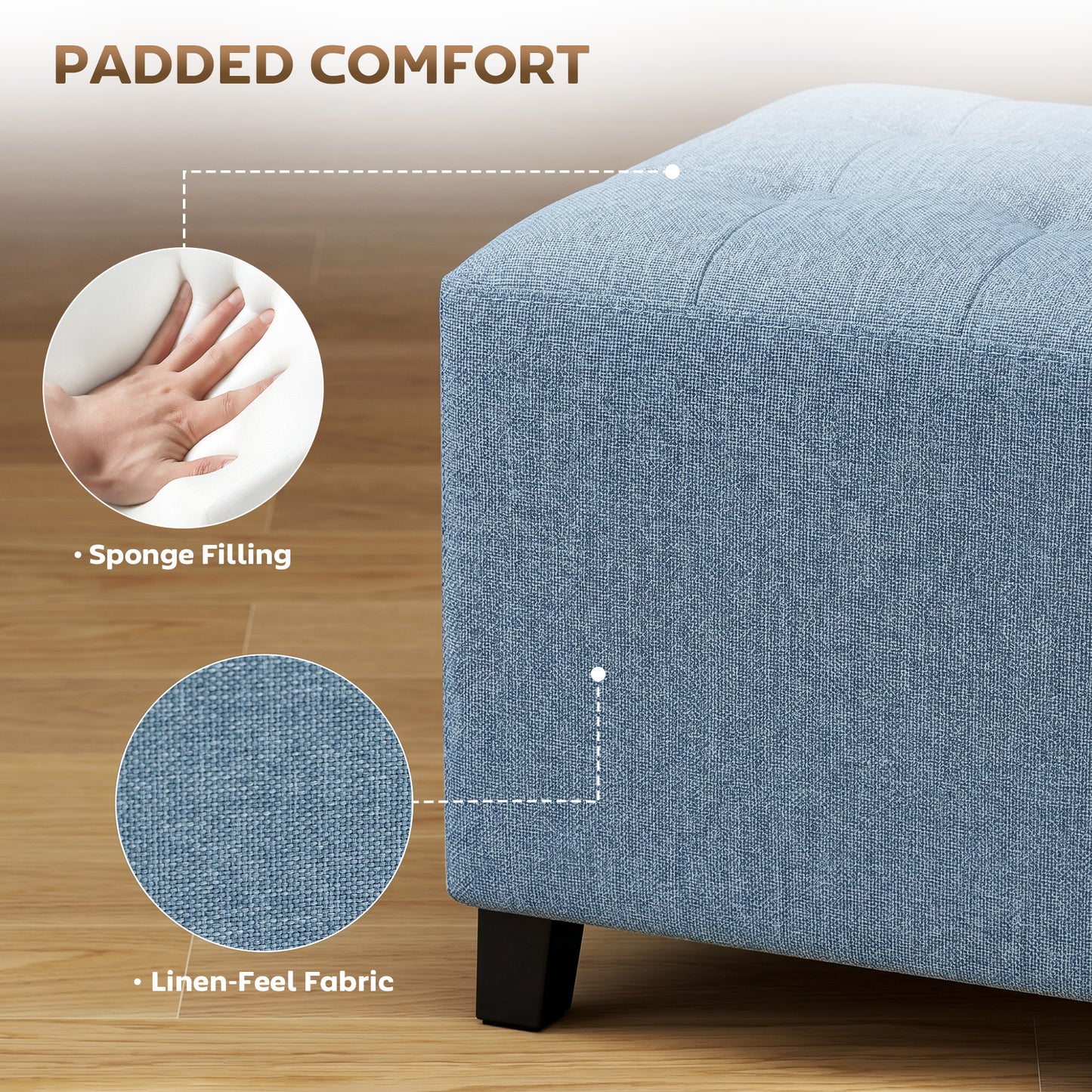 HOMCOM Small Ottoman Square Footstool With Side Pocket Rubber Wood Legs And Padded Seat Dark Blue