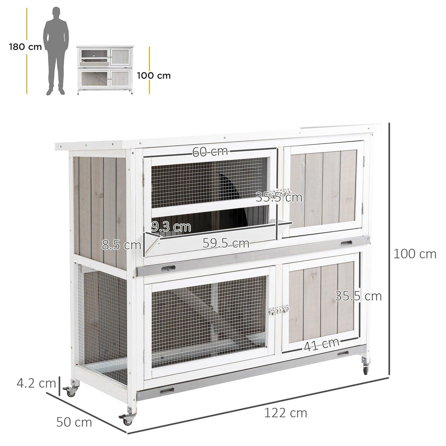 PawHut Wooden Rabbit Hutch & Guinea Pig Cage w/ Rain Cover, Wheels, Slide-Out Tray - Grey - ALL4U RETAILER LTD