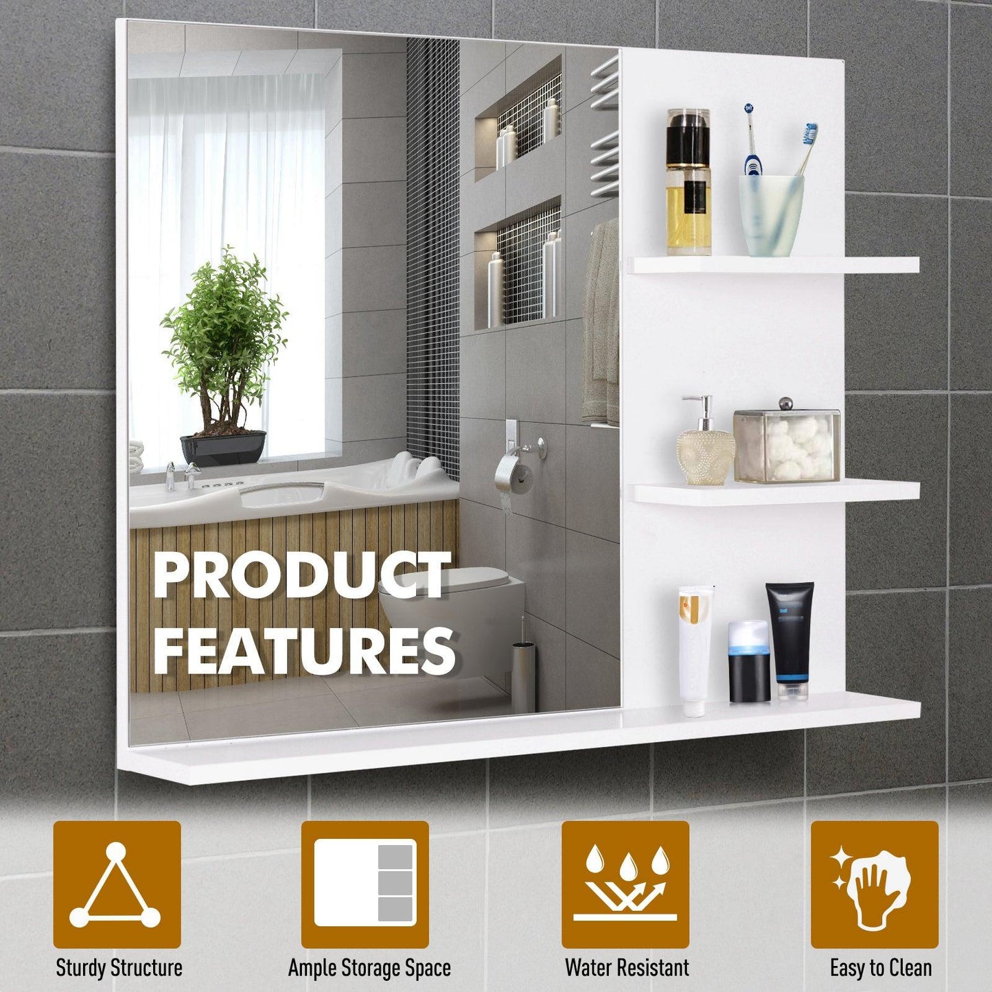 Kleankin Modern White Bathroom Mirror with 3-Tier Storage - ALL4U RETAILER LTD