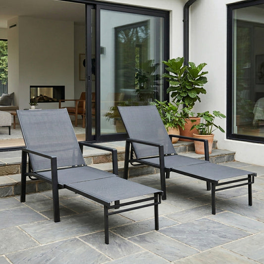 Outsunny Sun Loungers Set Of 2 With Retractable Footrest And 5 Position Adjustable Steel Frame For Beach Patio Grey