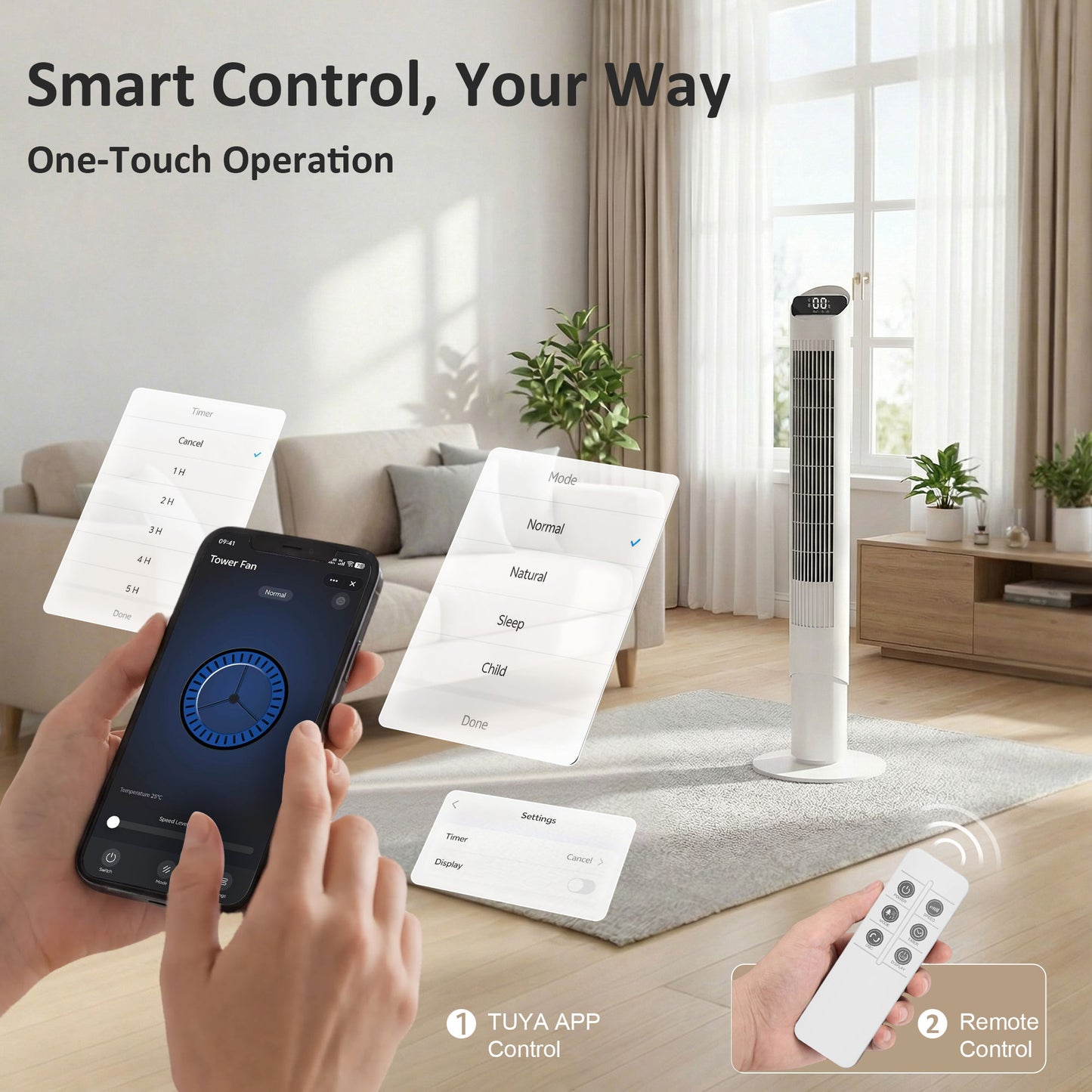 HOMCOM Tower Fan With WiFi App Remote Control Standing Floor Cooling Fan 101.8 cm White