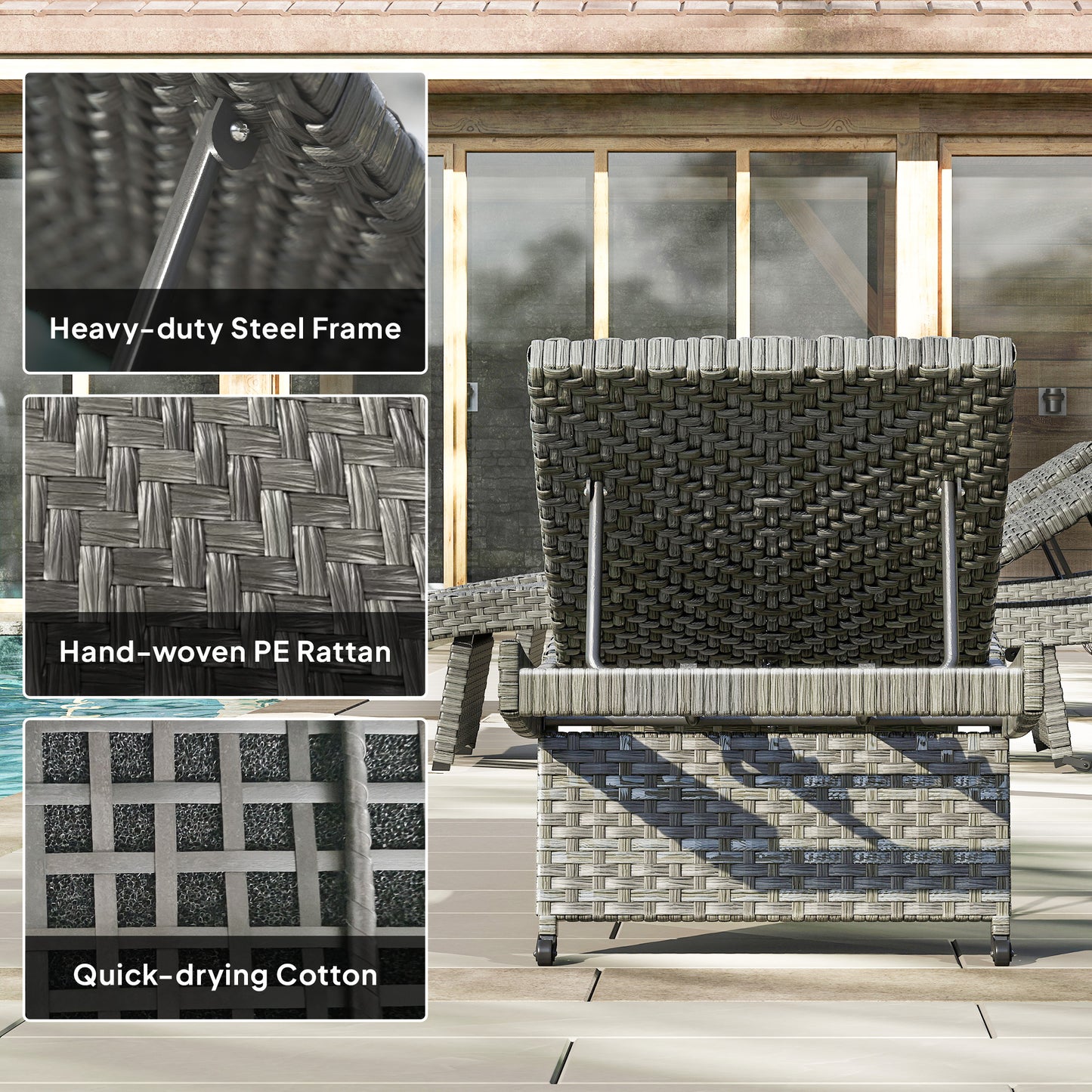 Outsunny Outdoor PE Rattan Sun Lounger Folding Wicker Garden Lounger Recliner With 4 Level Adjustable Backrest Wheels