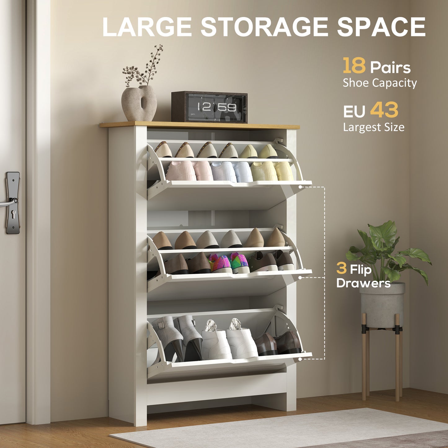 HOMCOM Slim Shoe Cabinet Narrow Cupboard With 3 Flip Drawers And Adjustable Shelves For 18 Pairs High Gloss White