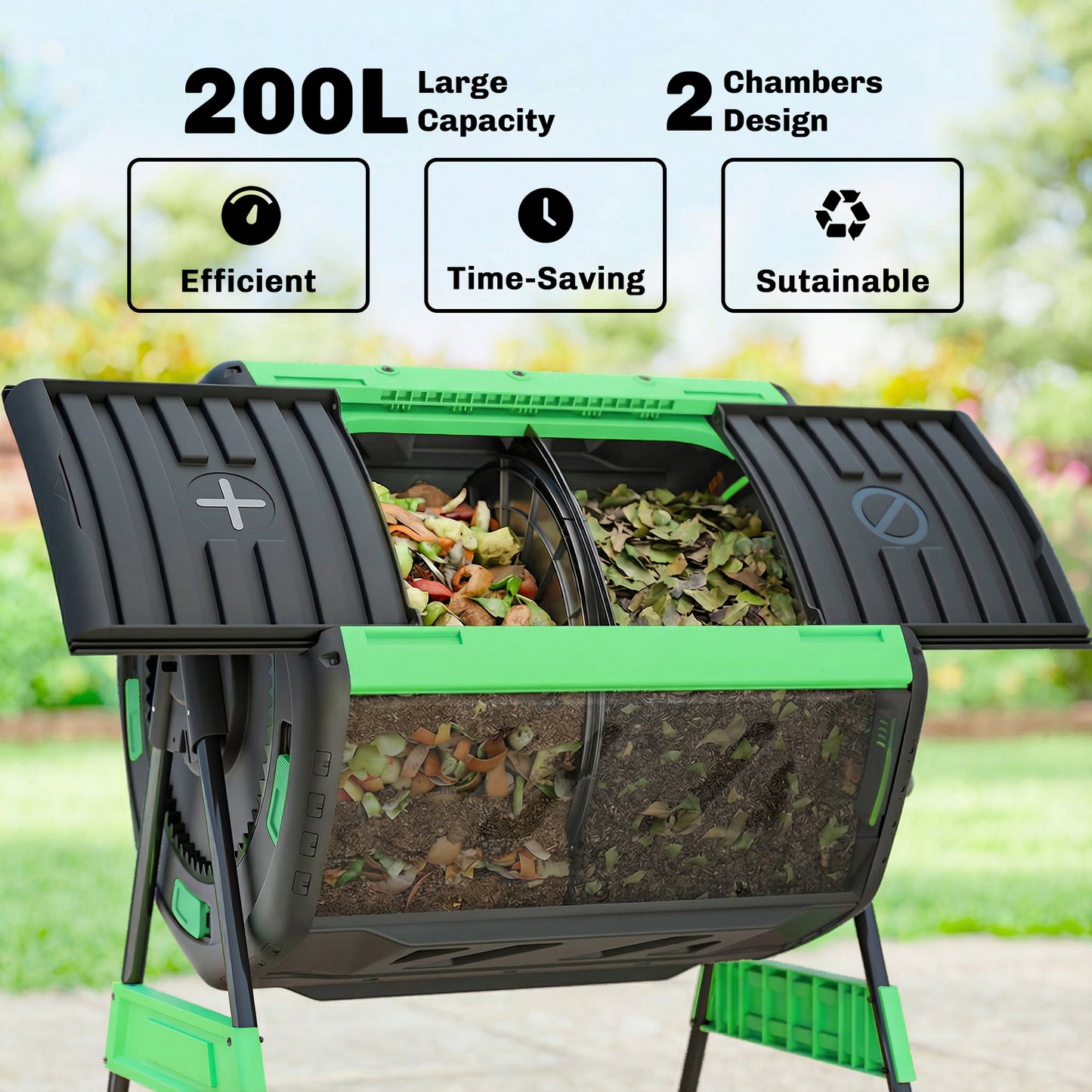 Outsunny 200L Dual Chamber Tumbling Compost Bin With Adjustable Vents BPA Free Green Garden Recycler