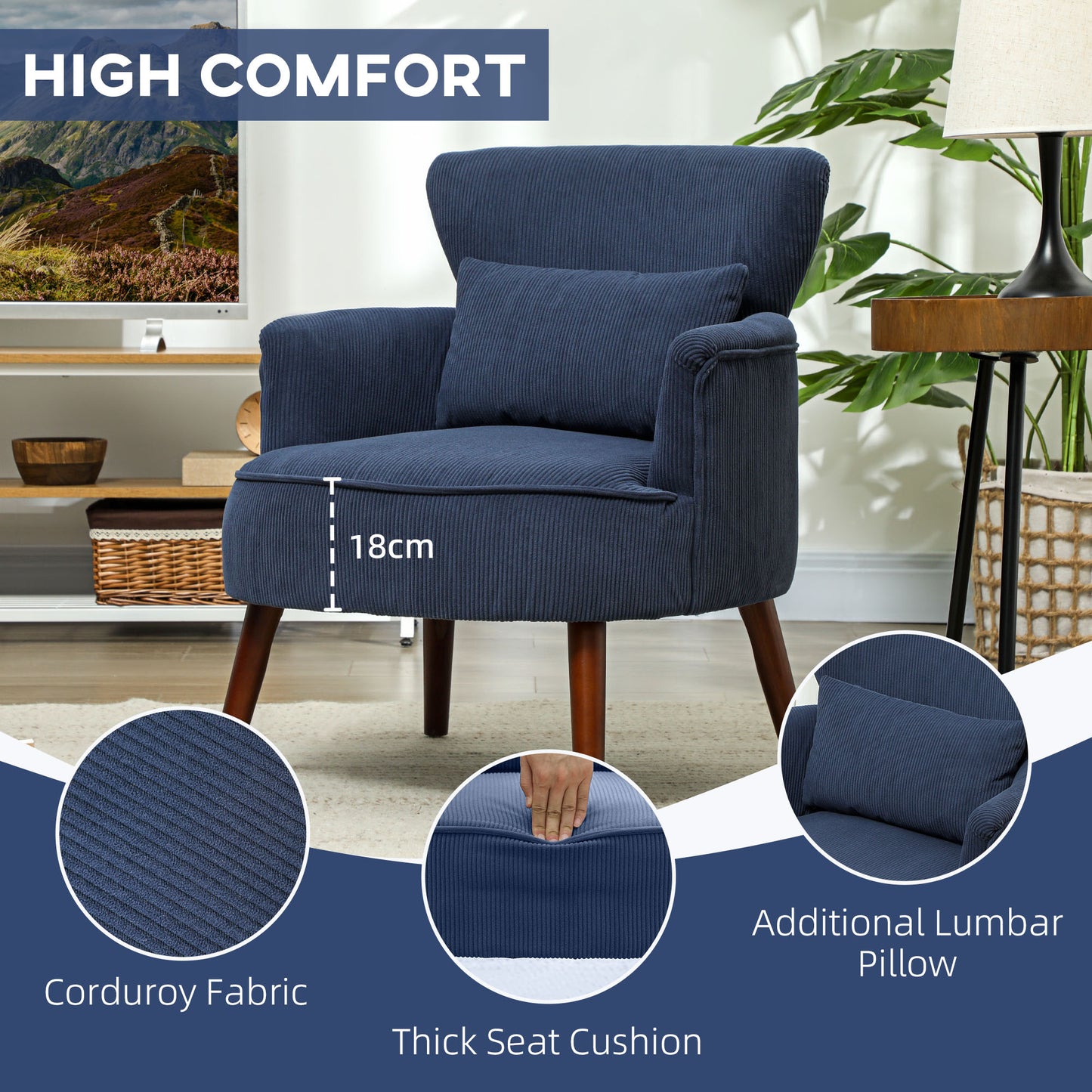 HOMCOM Corduroy Retro Accent Chair Blue Wing Back Armchair for Small Spaces with Comfortable Foam Padding