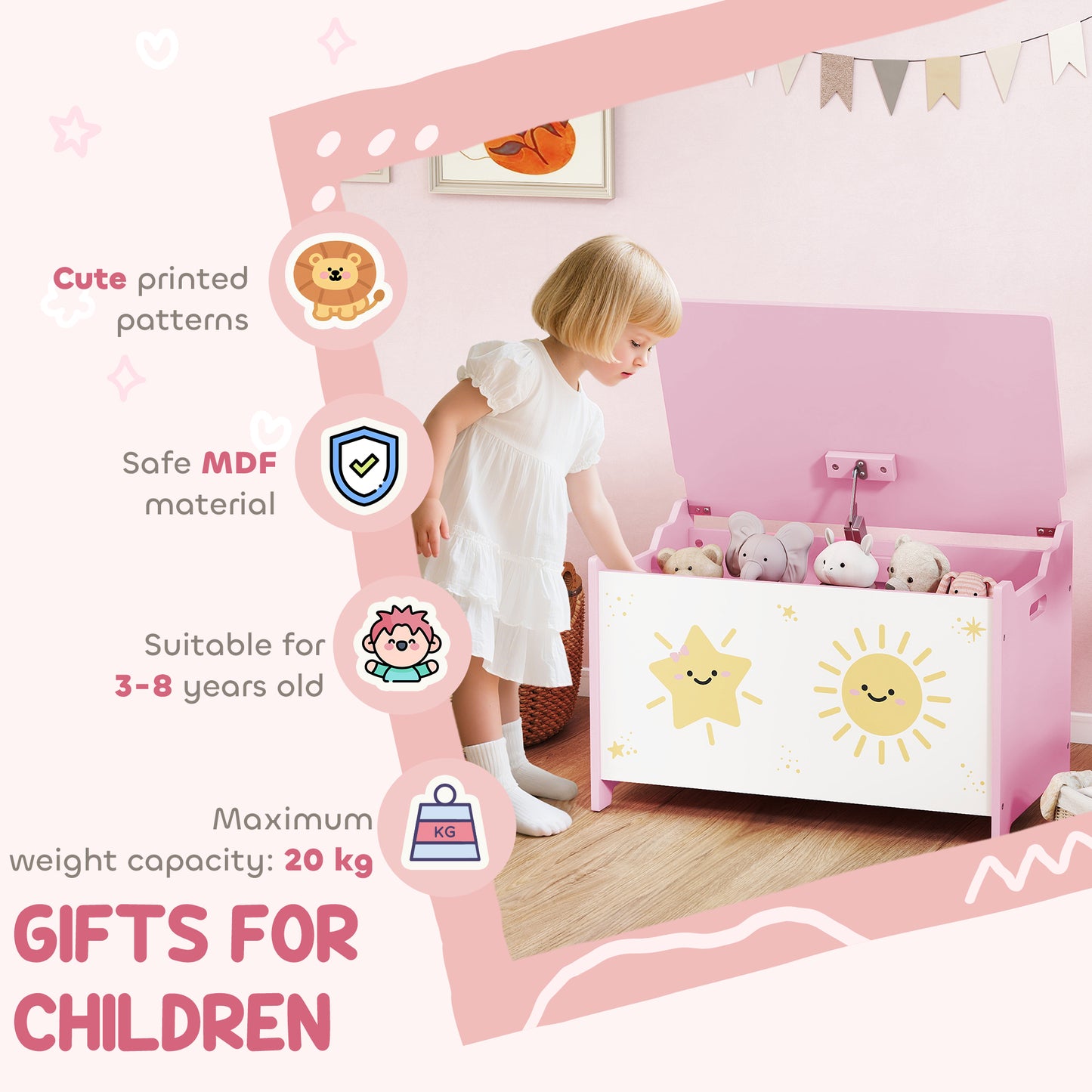 AIYAPLAY Toy Box Lid Safety Hinges Groove Handles Pink Living Room Playroom Storage Organizer For Toys Books Clothes