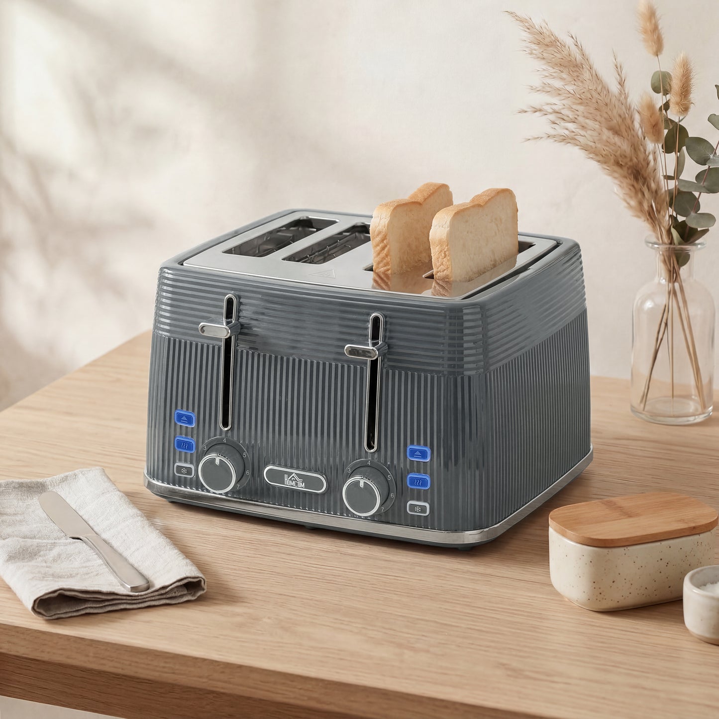 HOMCOM 4 Slice Toaster with Dual Controls and 7 Browning Levels Removable Crumb Tray Grey