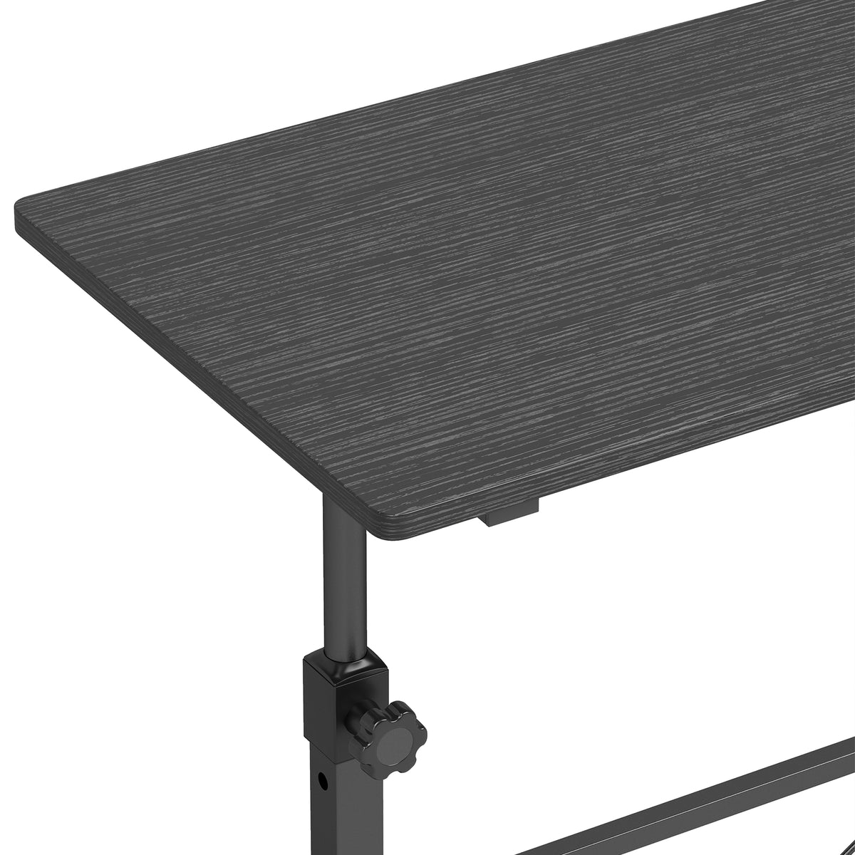 Black tabletop corner with caster wheel and height-adjustment support leg