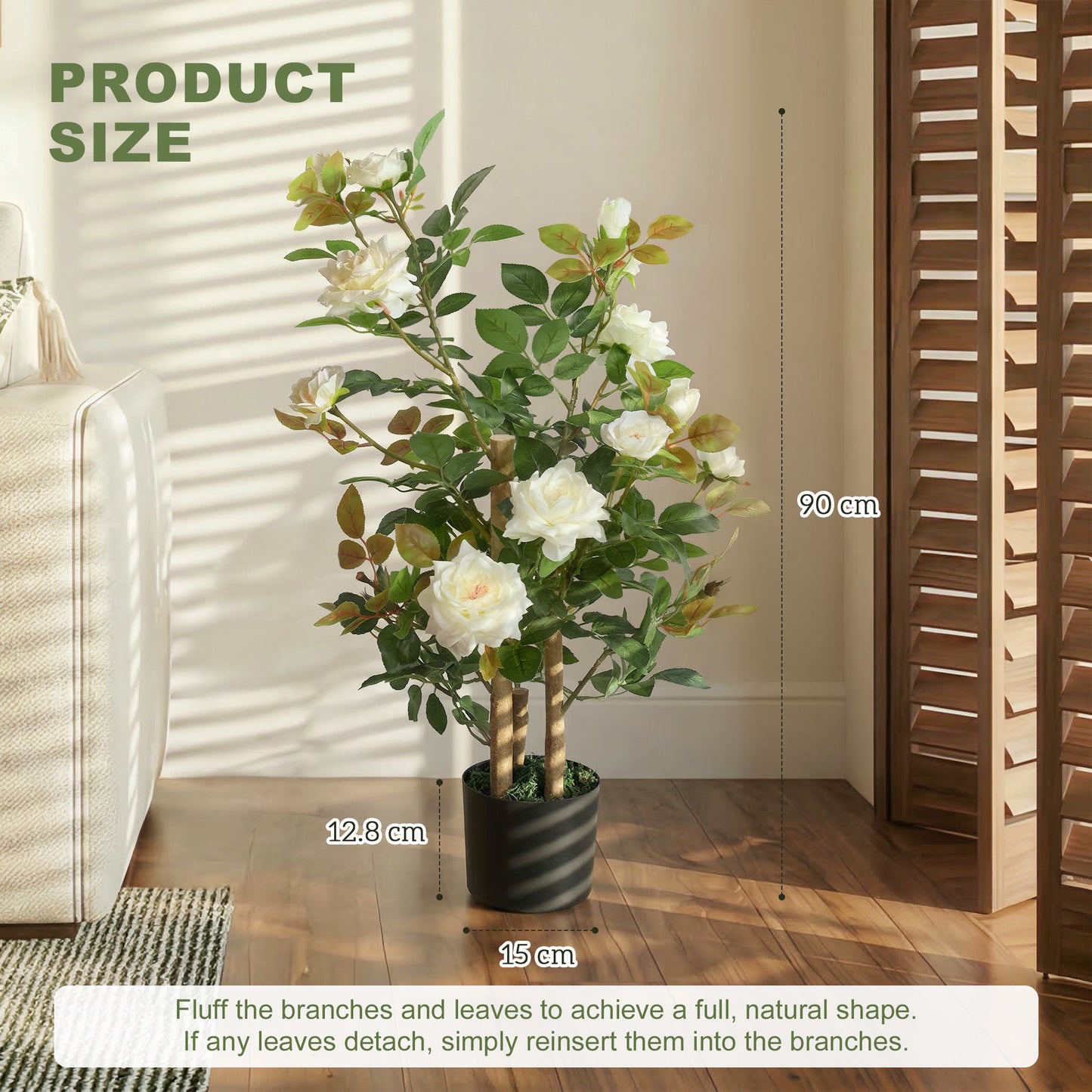 HOMCOM 90cm Artificial Rose Tree with 344 Silk Leaves and 17 Flowers White for Indoor Outdoor Decor