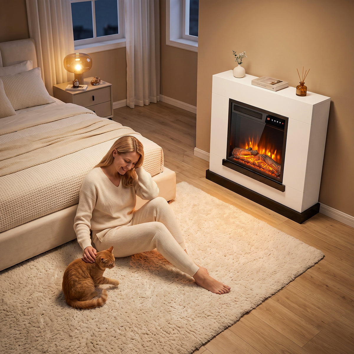 White freestanding electric fireplace with TV stand, black front, glowing flames