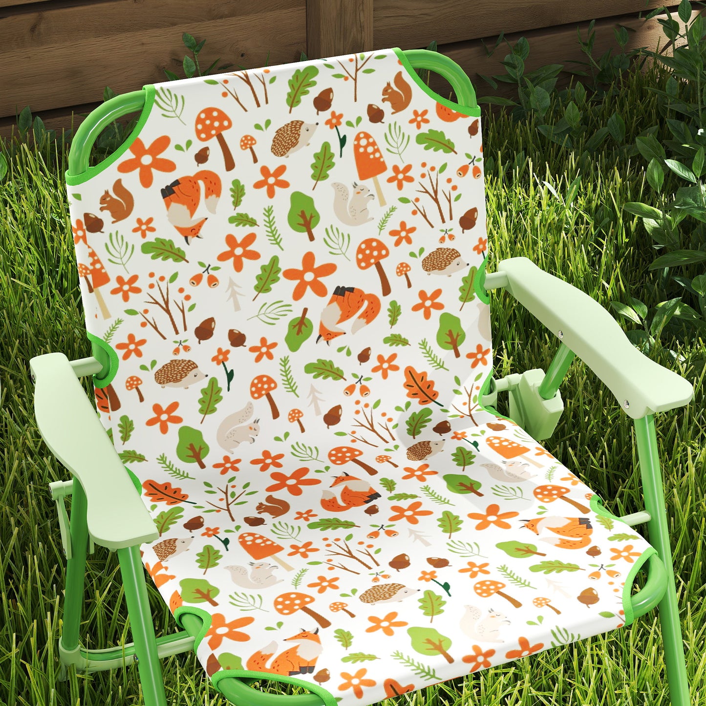 AIYAPLAY 4 Piece Kids Garden Table And Chair Set With Adjustable Parasol Folding Chairs And Table Nature Pattern Green